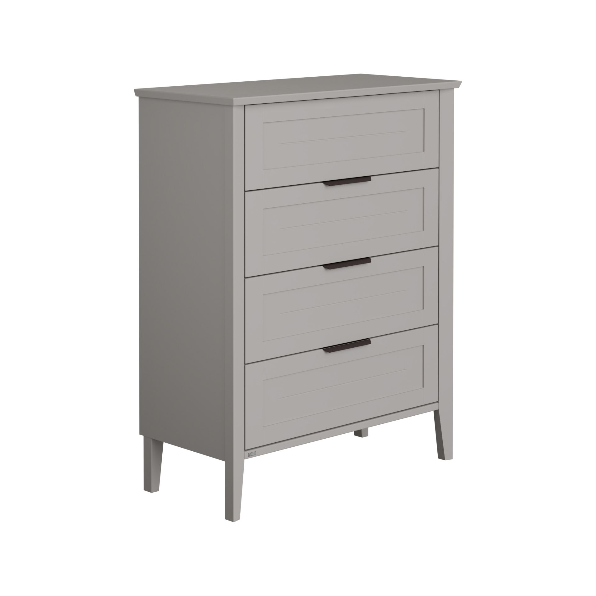 Gray four-drawer dresser with simple, modern design on a white background.