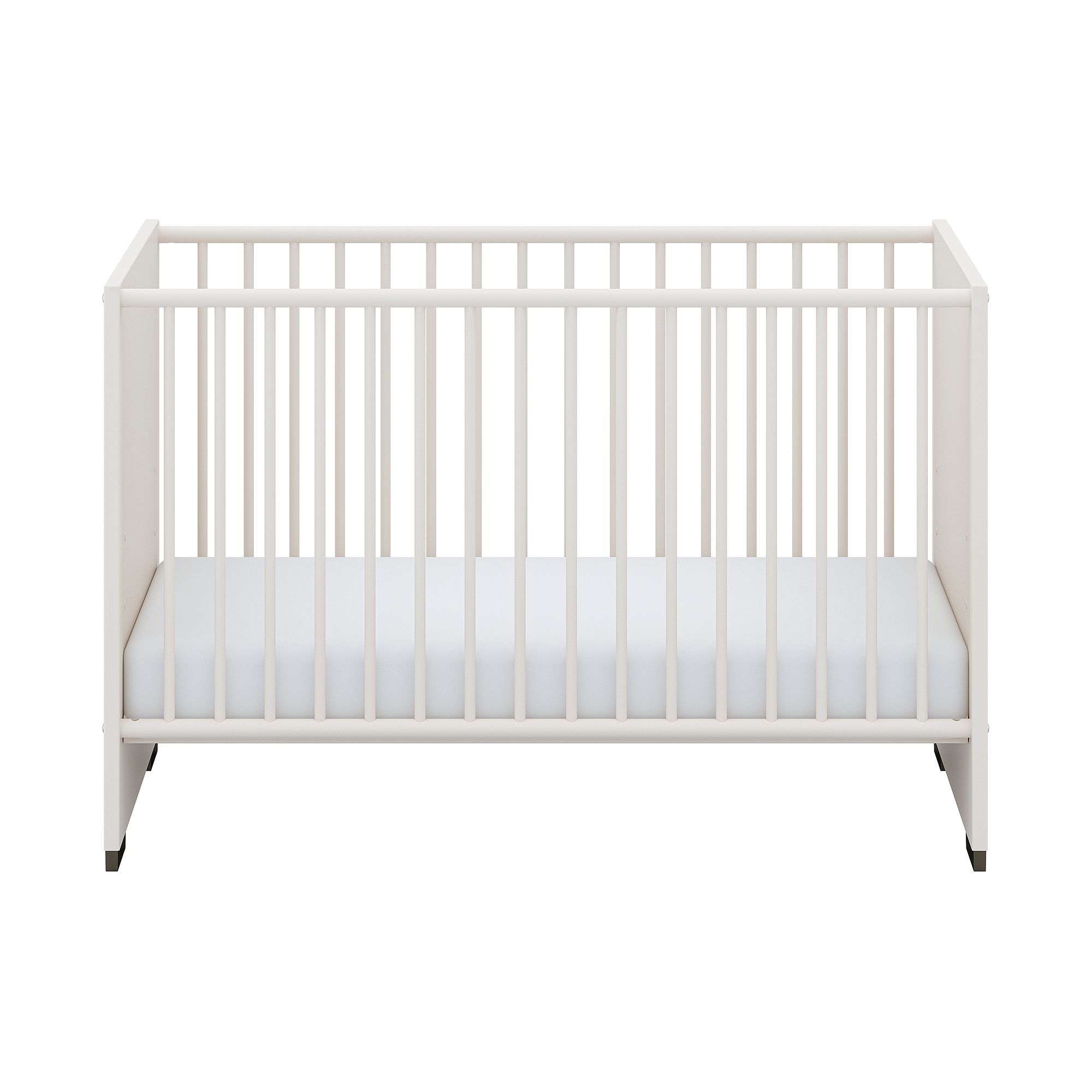 White baby crib with slatted sides and a mattress, shown against a plain background.