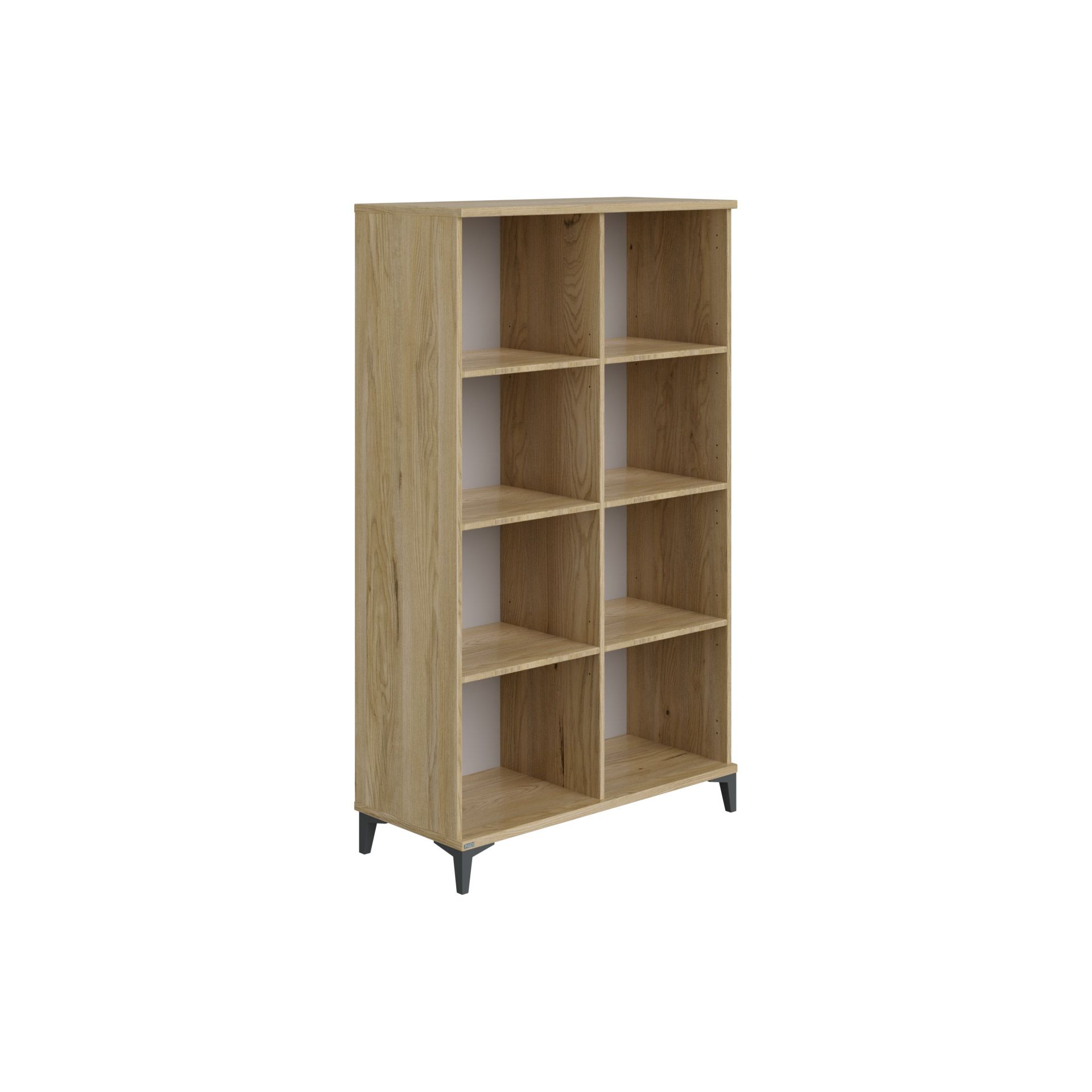 Bücherregal aus hellem Holz mit acht offenen quadratischen Fächern und kurzen schwarzen Beinen.