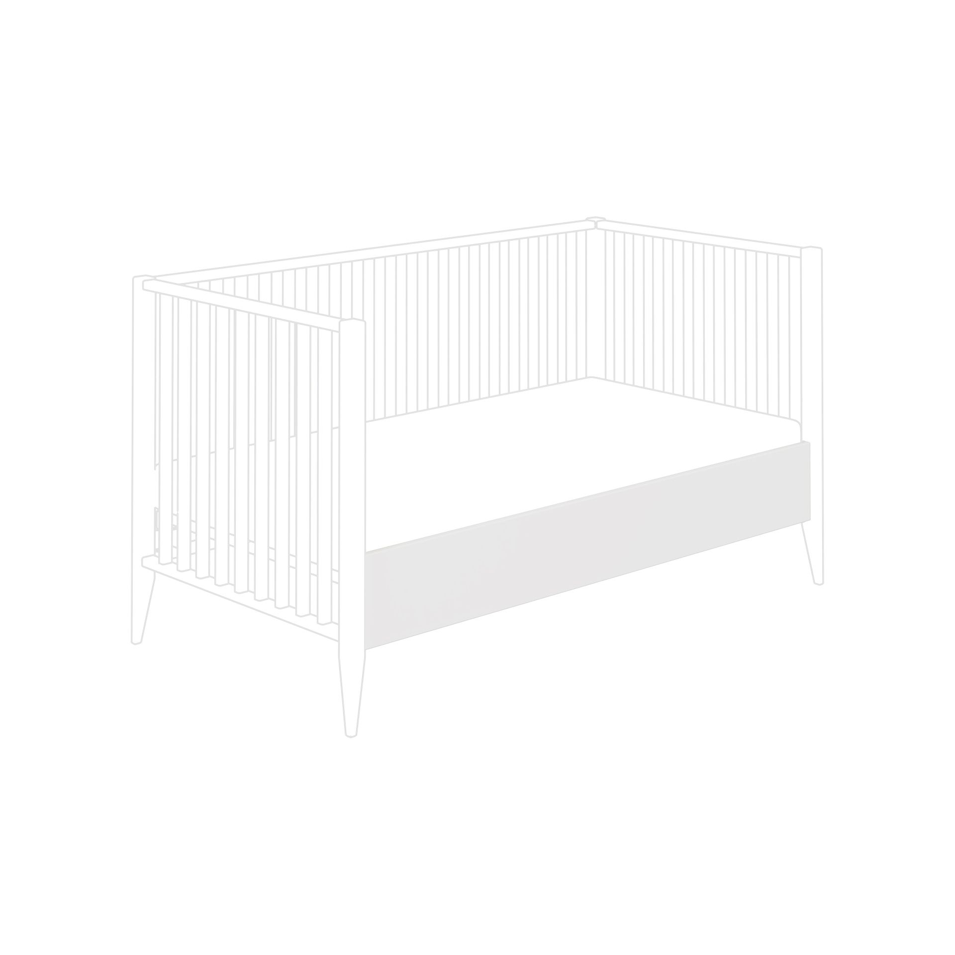 Umbauseiten Felie für den Umbau des Babybettes in 70 x 140 cm Strichzeichnung eines weißen Babybettes mit Lattenrost und konischen Beinen.