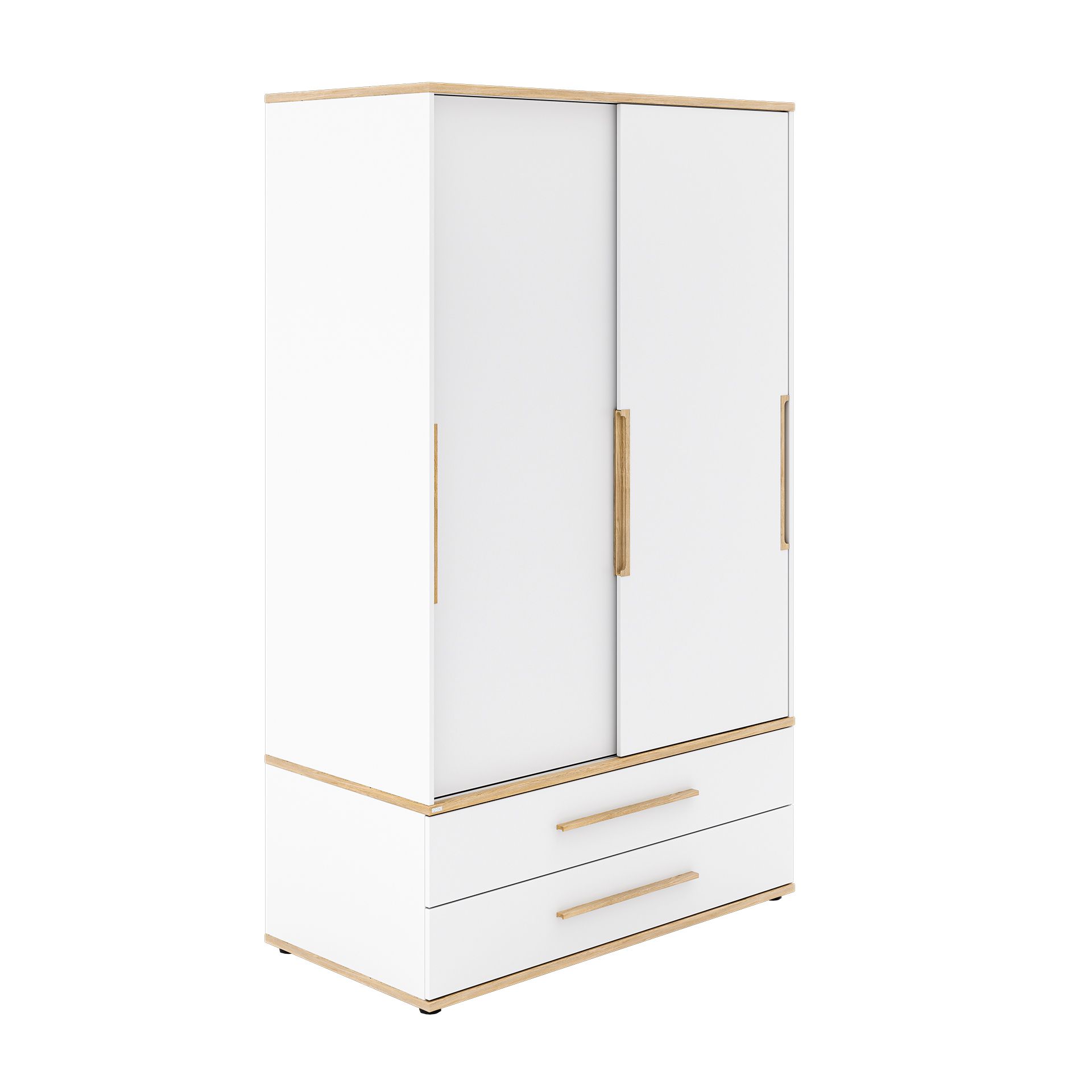 White wardrobe with two sliding doors and two drawers with wooden handles.