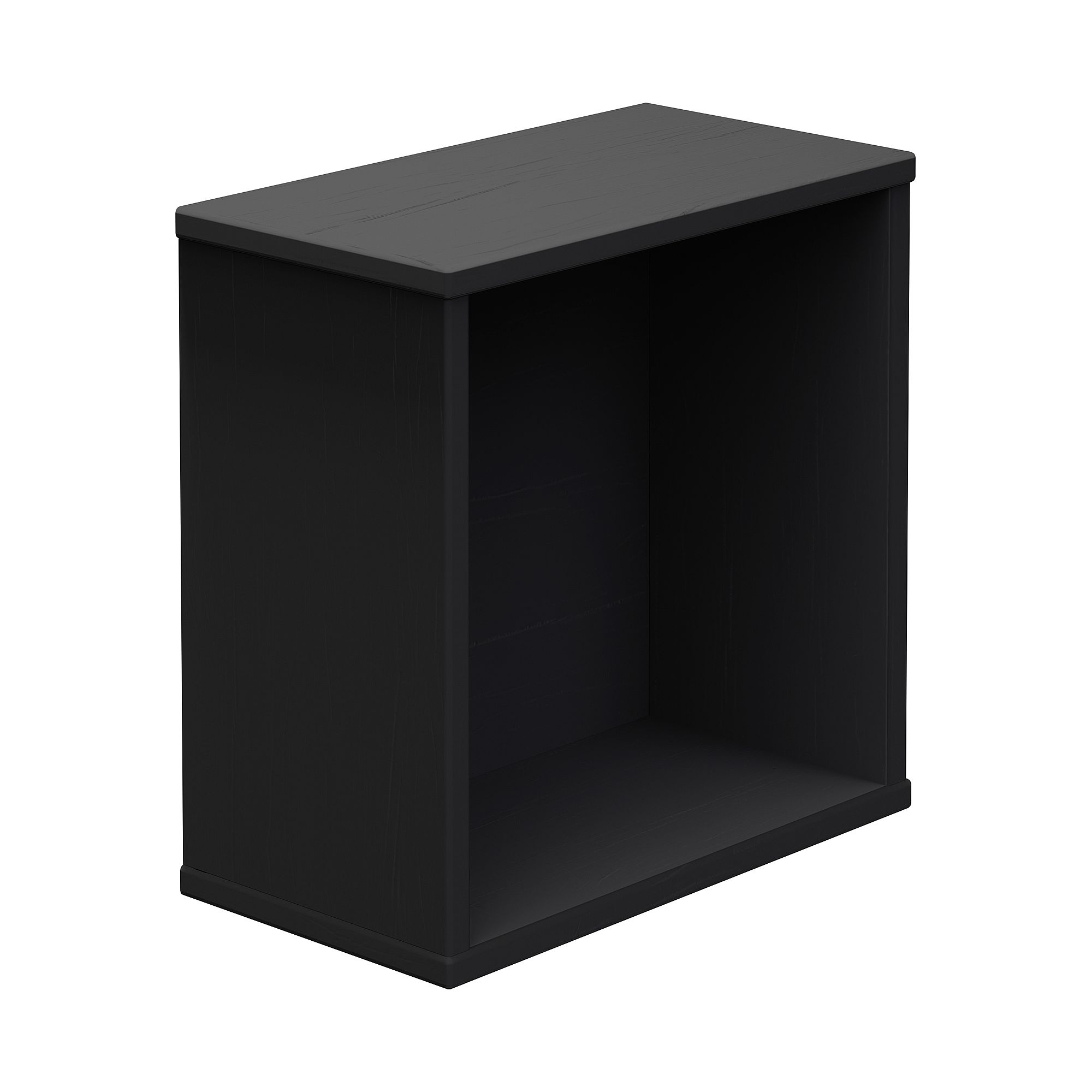 A black, rectangular open shelf unit with no doors or compartments.