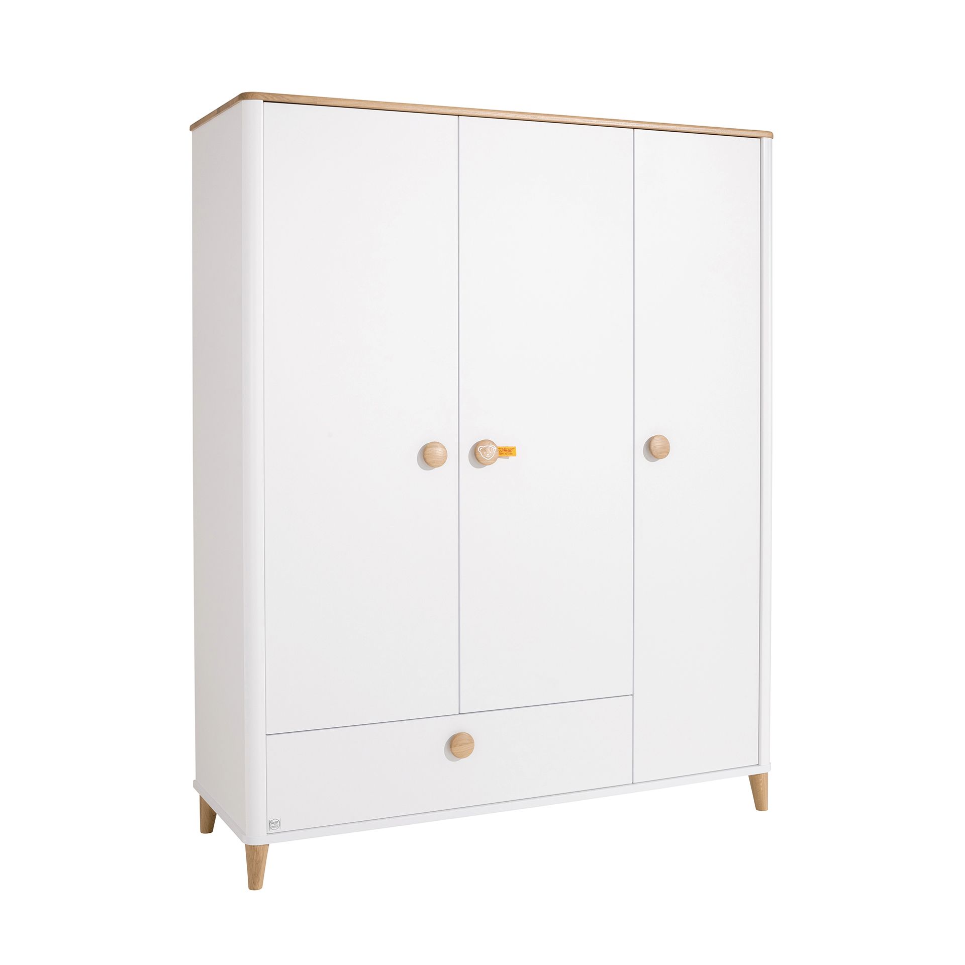 Drehtürenschrank Lotte & Fynn - Steiff by PAIDI 3 Türen, 1 Schublade White three-door wardrobe with wooden handles and one bottom drawer.