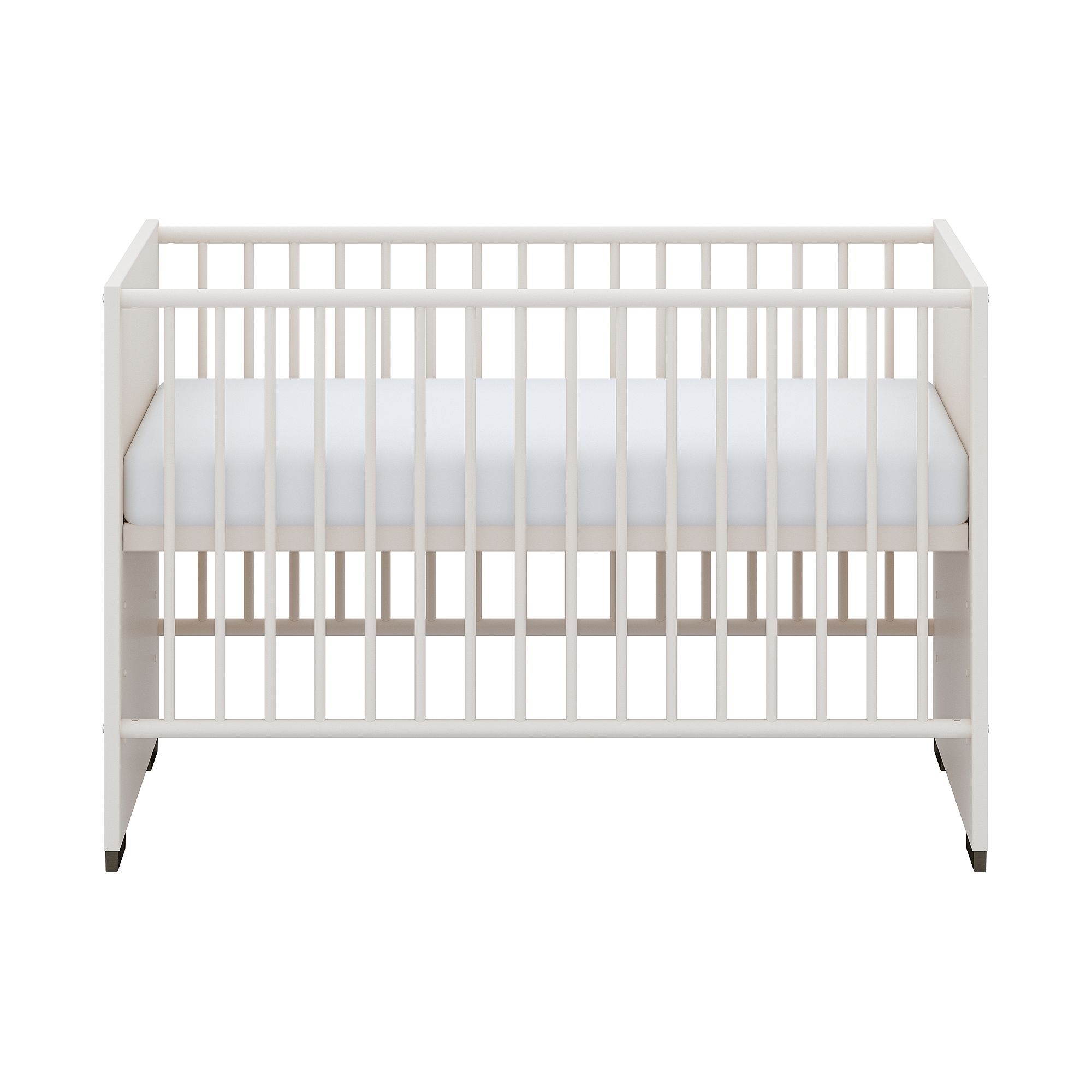 White baby crib with vertical slats and a plain mattress, viewed from the front.