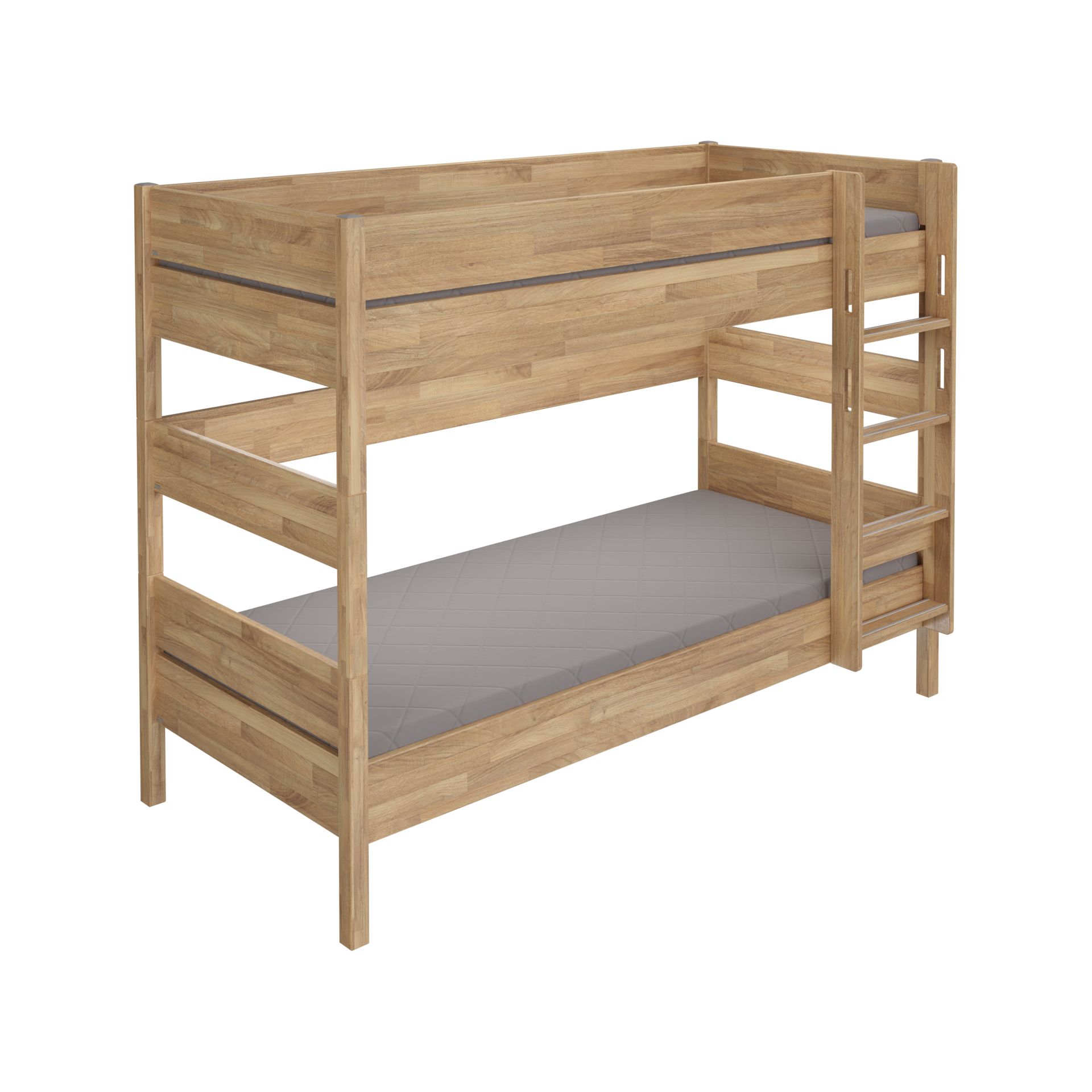 Holz-Etagenbett mit einer Leiter und einer grauen Matratze auf dem unteren Bett.
