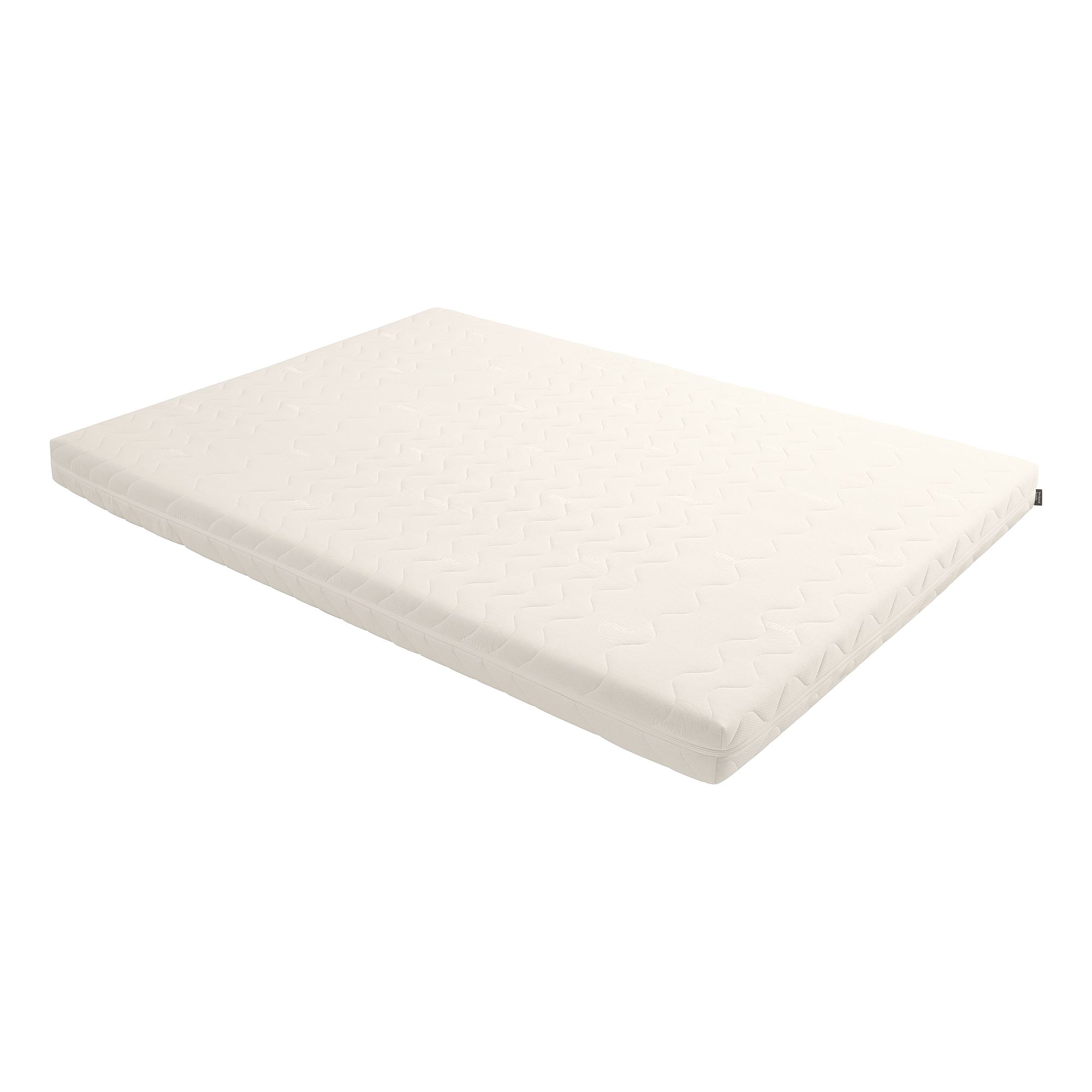 A white, rectangular mattress with a subtle geometric pattern on top.