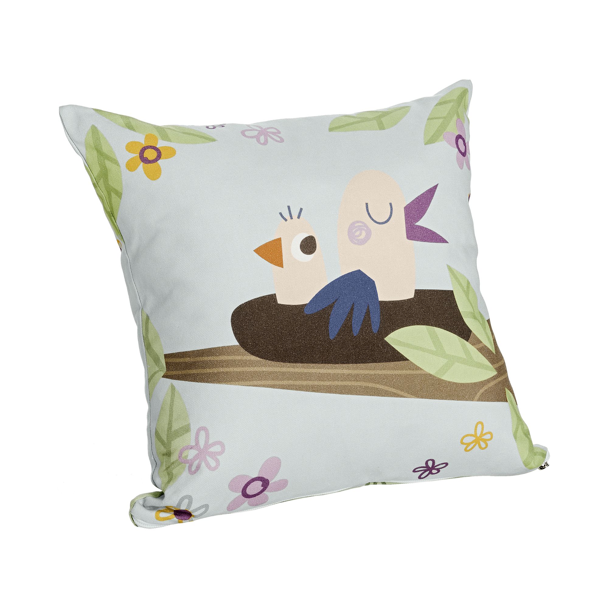 Partykissen Baumwolle, Motiv "Petersilienweg 8", 40 x 40 cm, Hund Rudi Square pillow with cartoon birds and flowers on a light background.