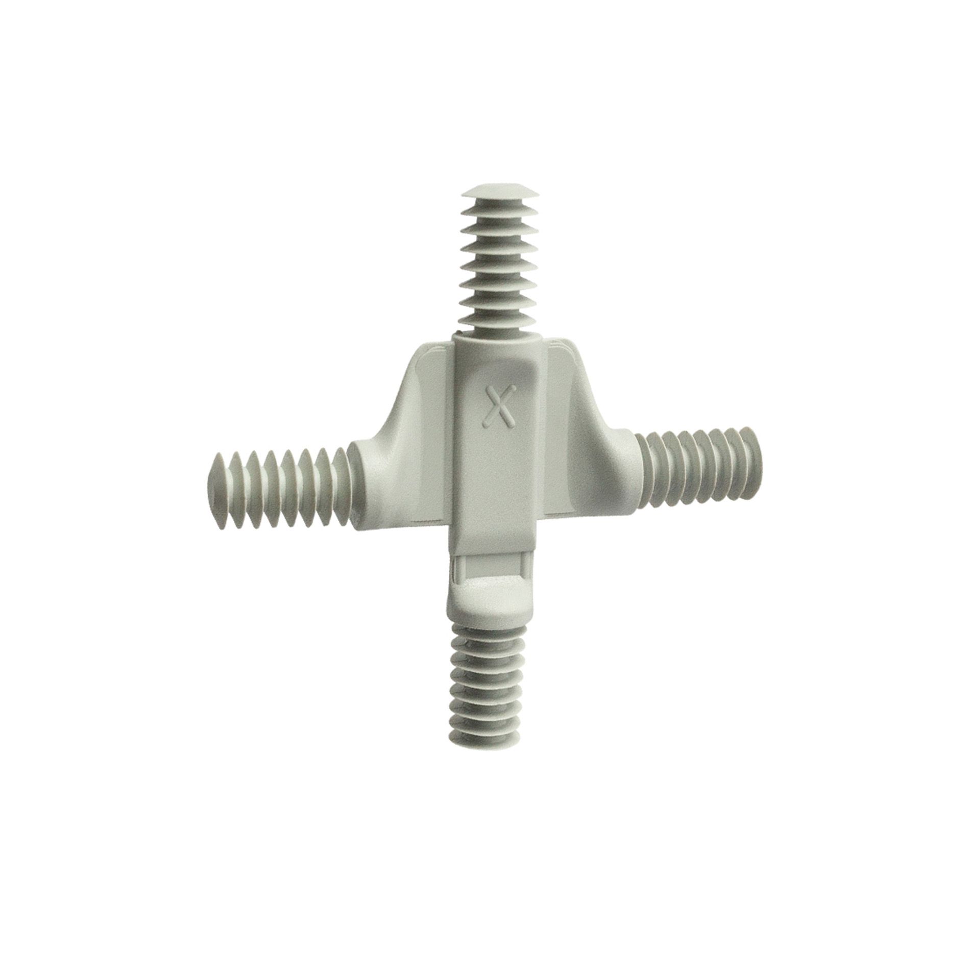 Weißes Vierfach-Rohrverbindungsstück aus Kunststoff mit Gewindeenden, isoliert auf weißem Hintergrund.