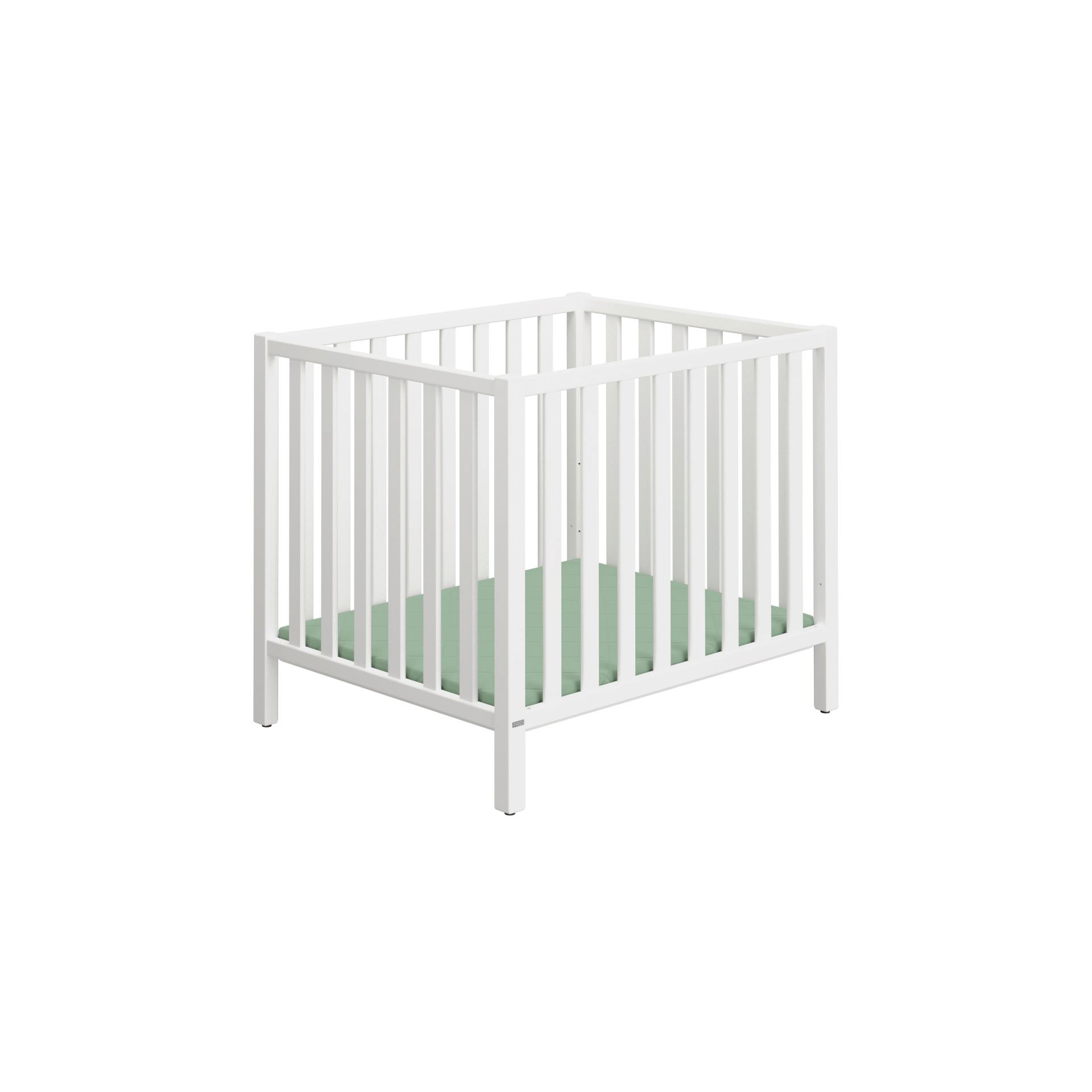 White baby crib with vertical slats and a green mattress on a white background.