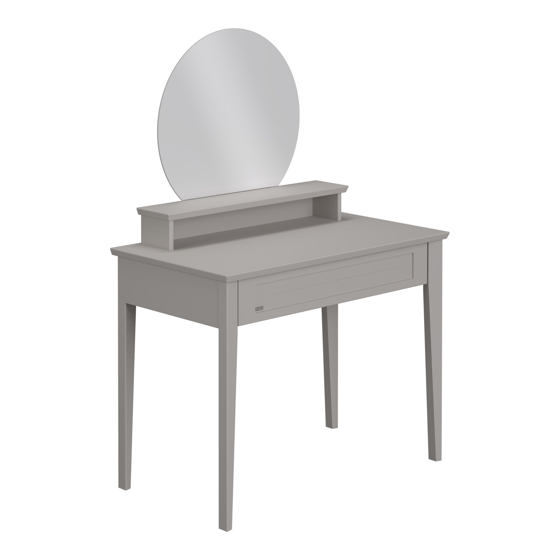 A grey desk with a round mirror.