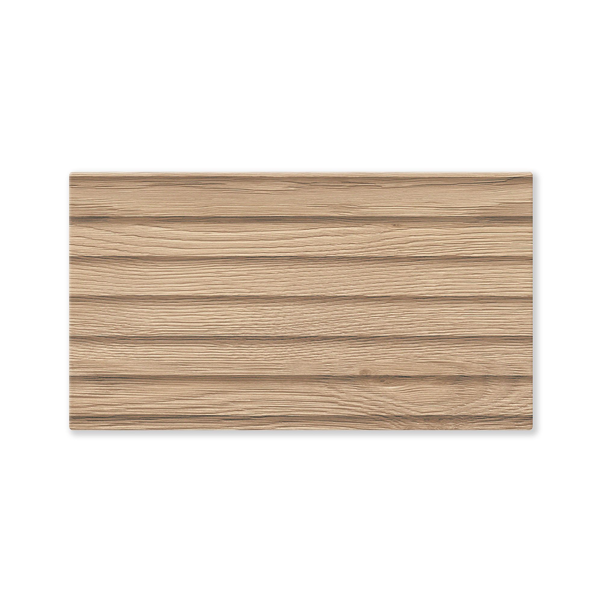 Rechteckige Holzplanke mit hellbrauner Holzmaserung auf weißem Hintergrund.