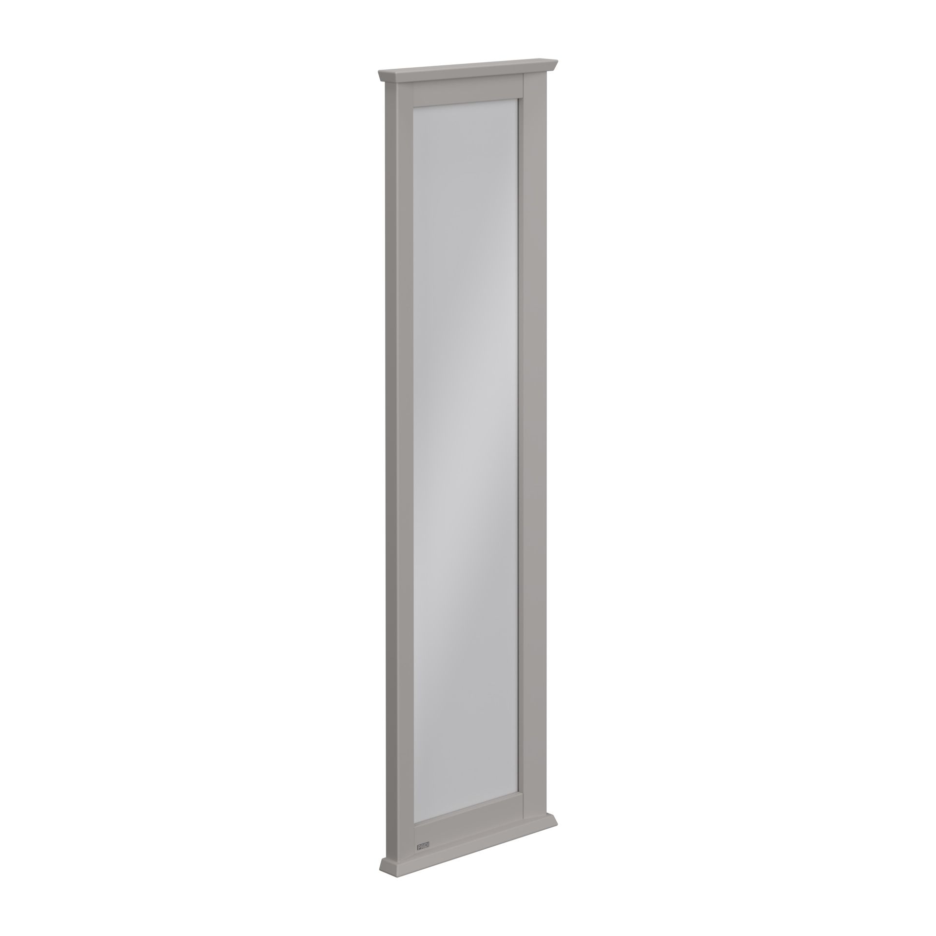 Wandspiegel Levke  Hoher rechteckiger Wandspiegel mit grauem Holzrahmen, abgewinkelt auf weißem Hintergrund.