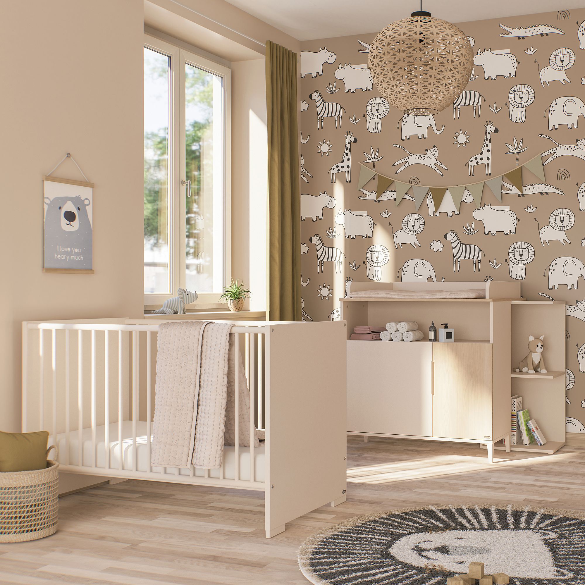 Modernes Kinderzimmer mit Tiertapete, Kinderbett, Wickeltisch und natürlichem Licht.