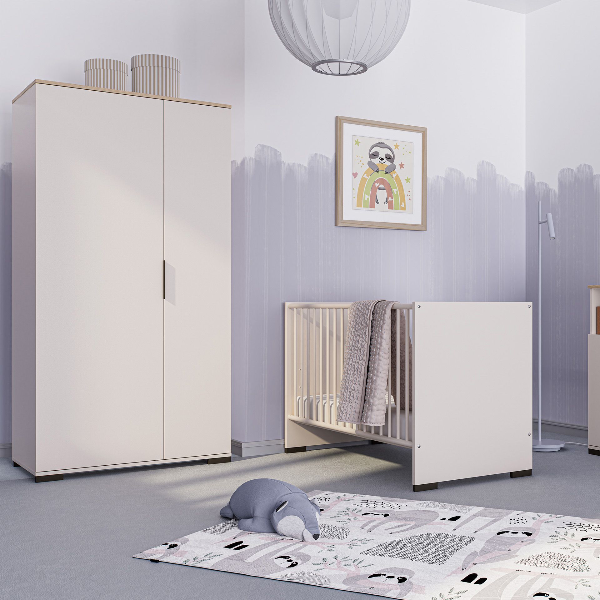 Minimalist nursery with a crib, wardrobe, rug, and playful wall art above crib.
