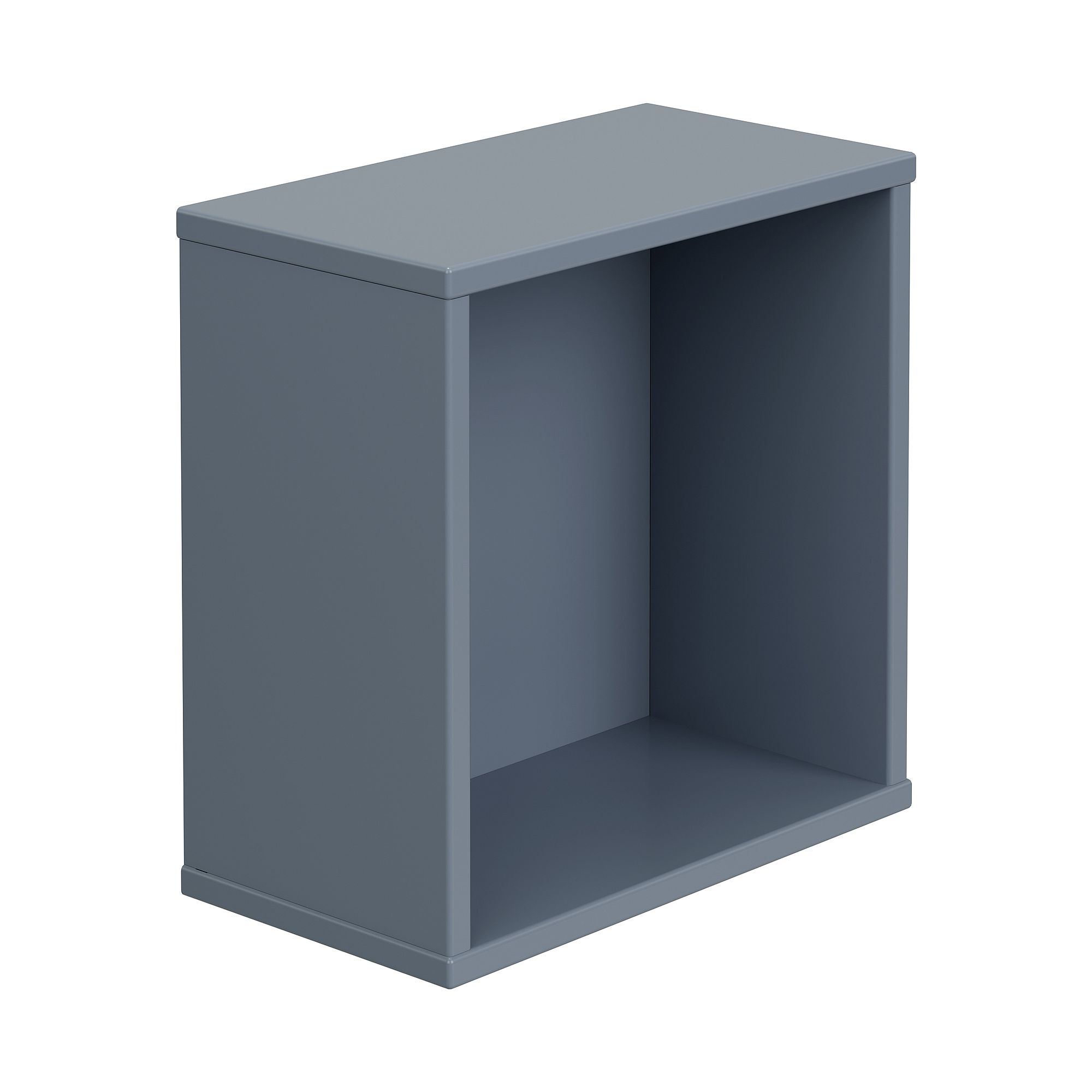 Wandregal  Wandbox  quadratisch in Mattblau Ein graues, rechteckiges, offenes Kastenregal ohne Rück- oder Frontplatten.