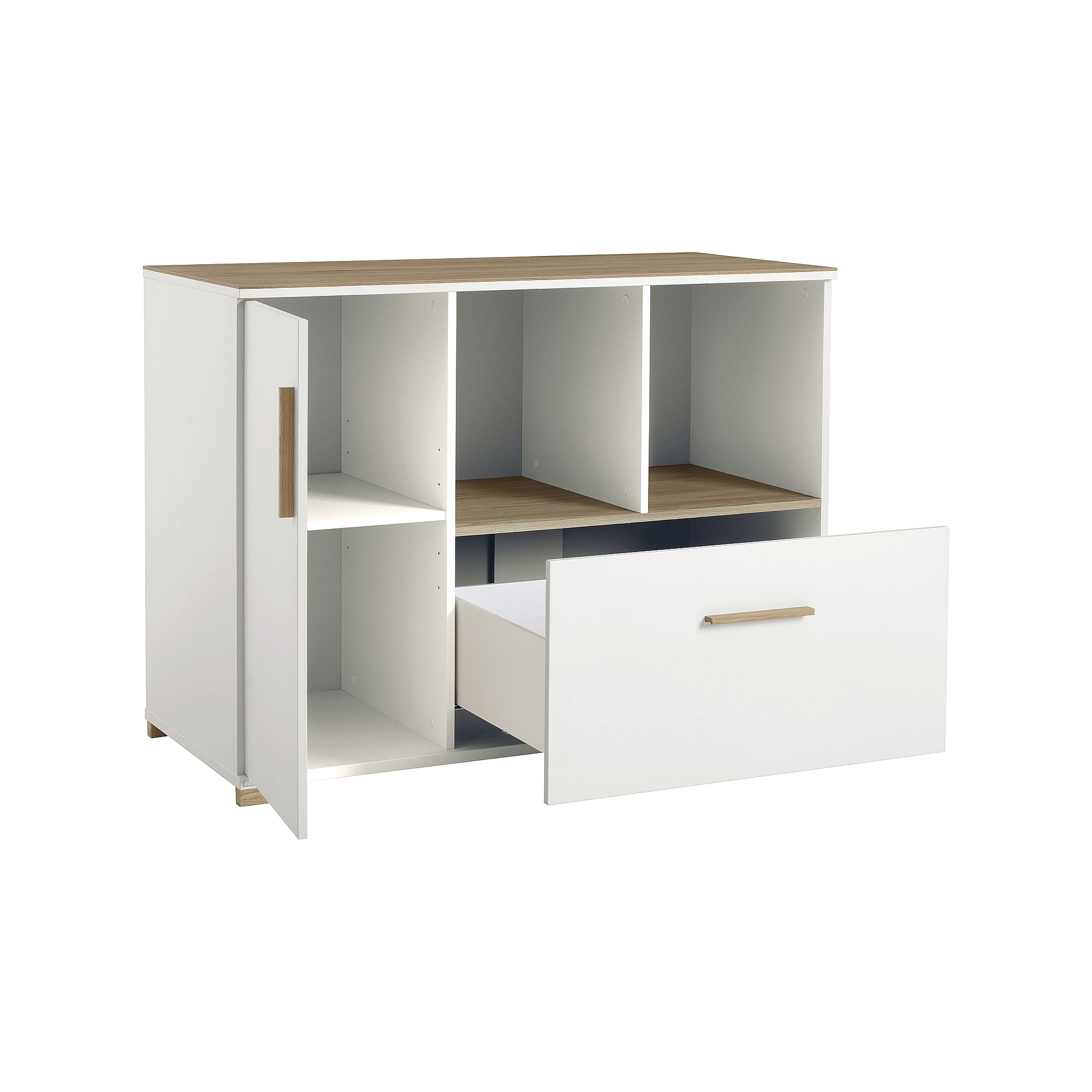 Weißer Schrank mit offenen Regalböden, einer Tür und einer großen offenen Schublade.