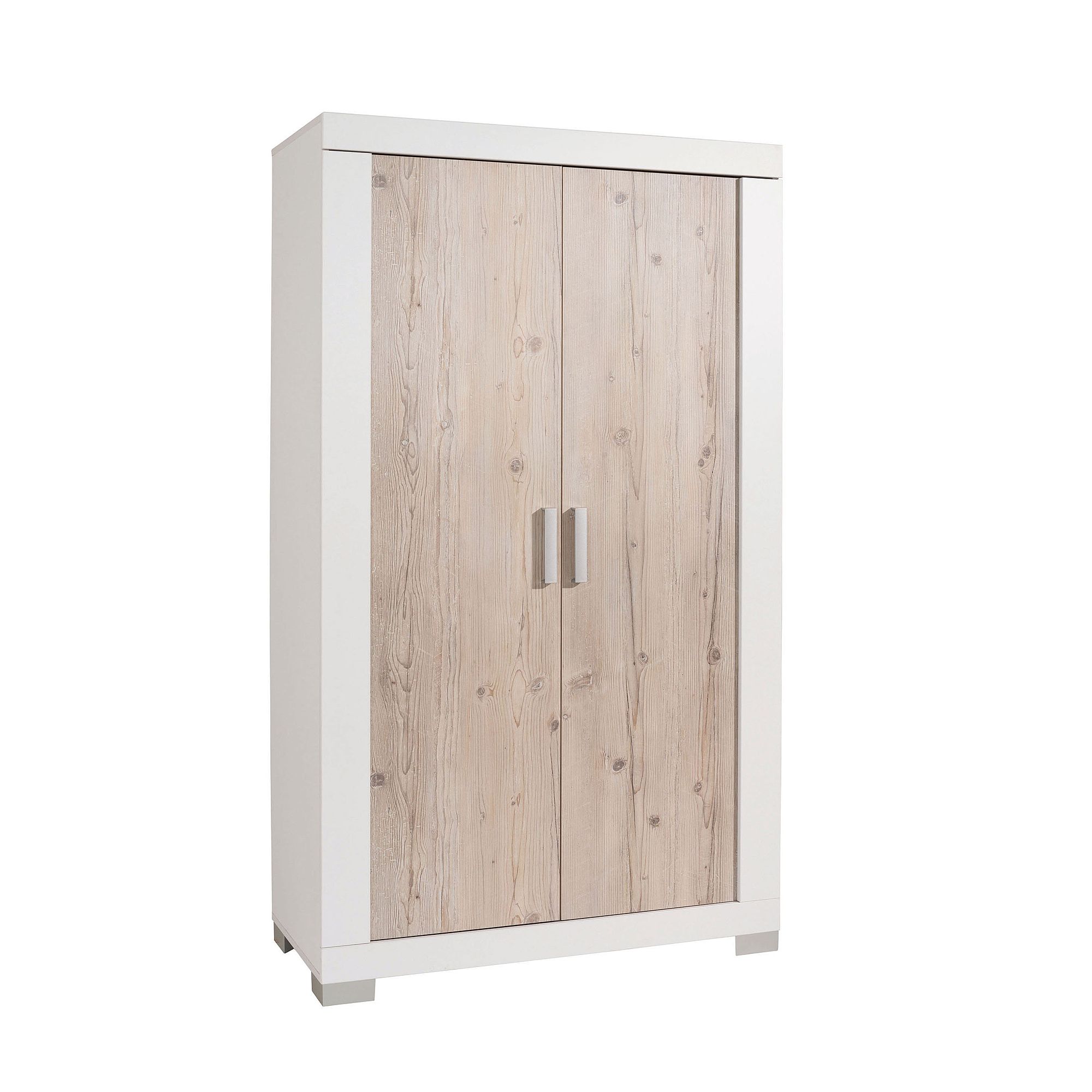 Zweitüriger Kleiderschrank aus Holz mit weißem Rahmen und hellen Holztüren.