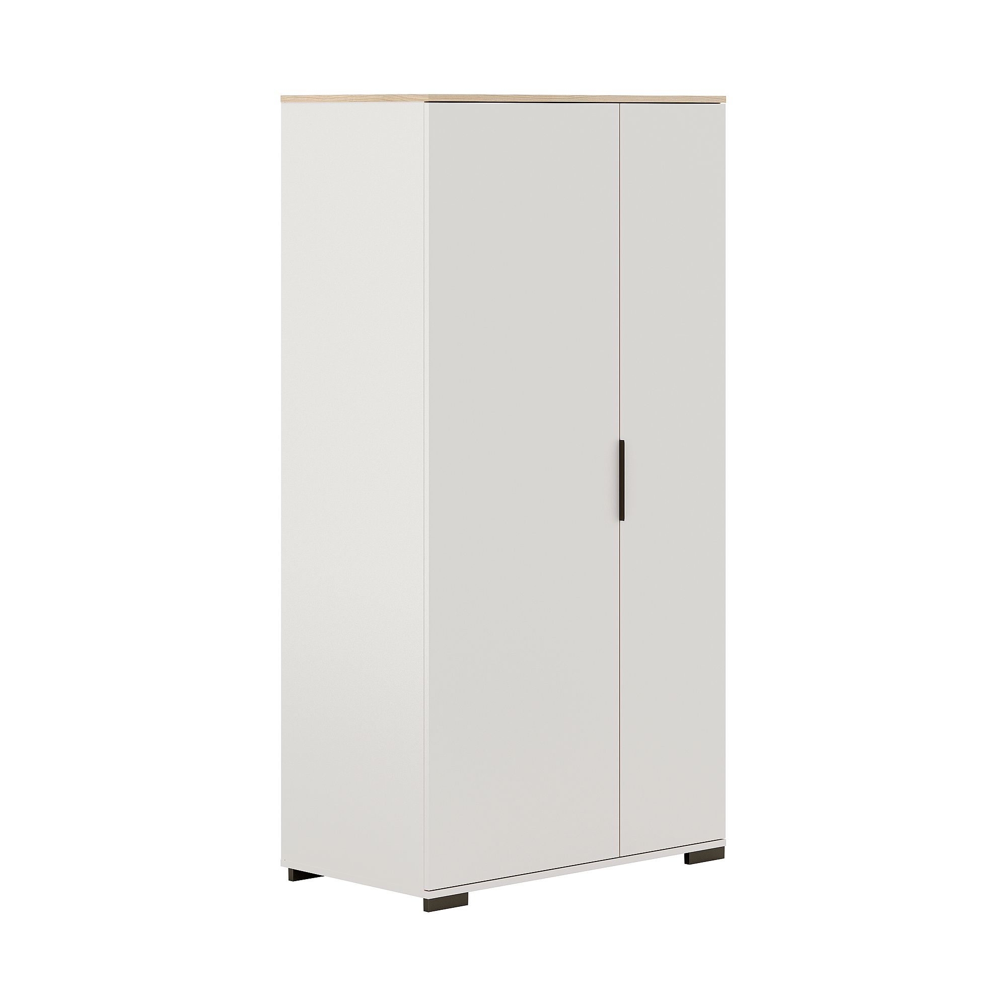 White two-door wardrobe with a wood top and black handles, on a white background.