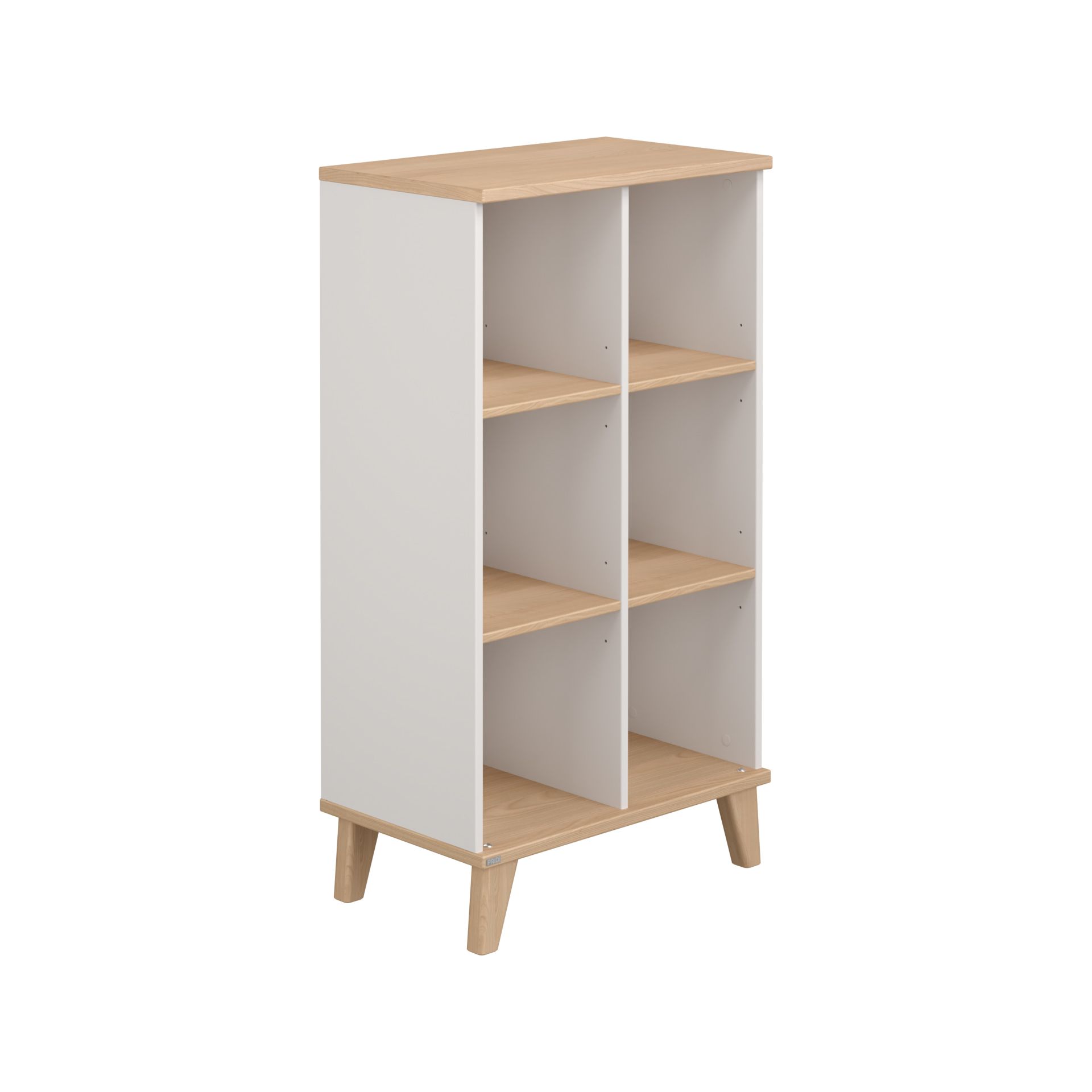 A small wooden shelf unit with six open compartments and angled legs.