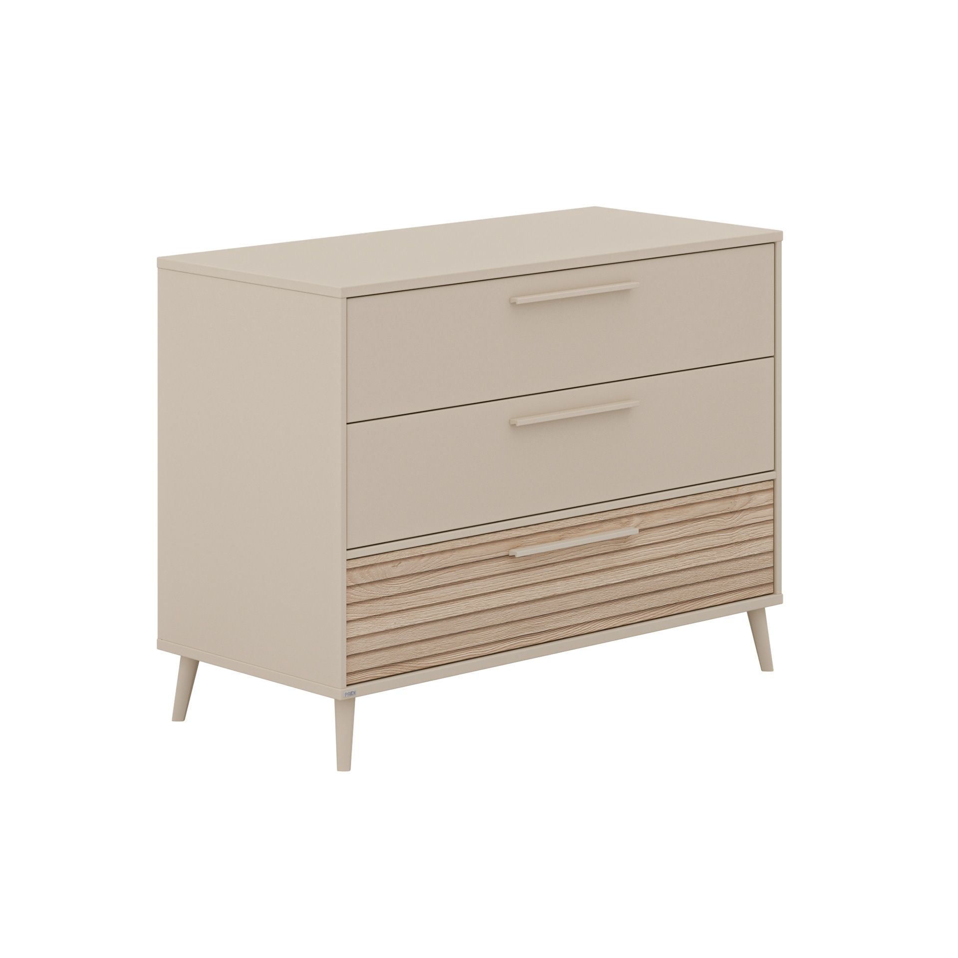 Beigefarbene Kommode mit drei Schubladen, von denen eine mit einem Holzlatten-Design versehen ist.