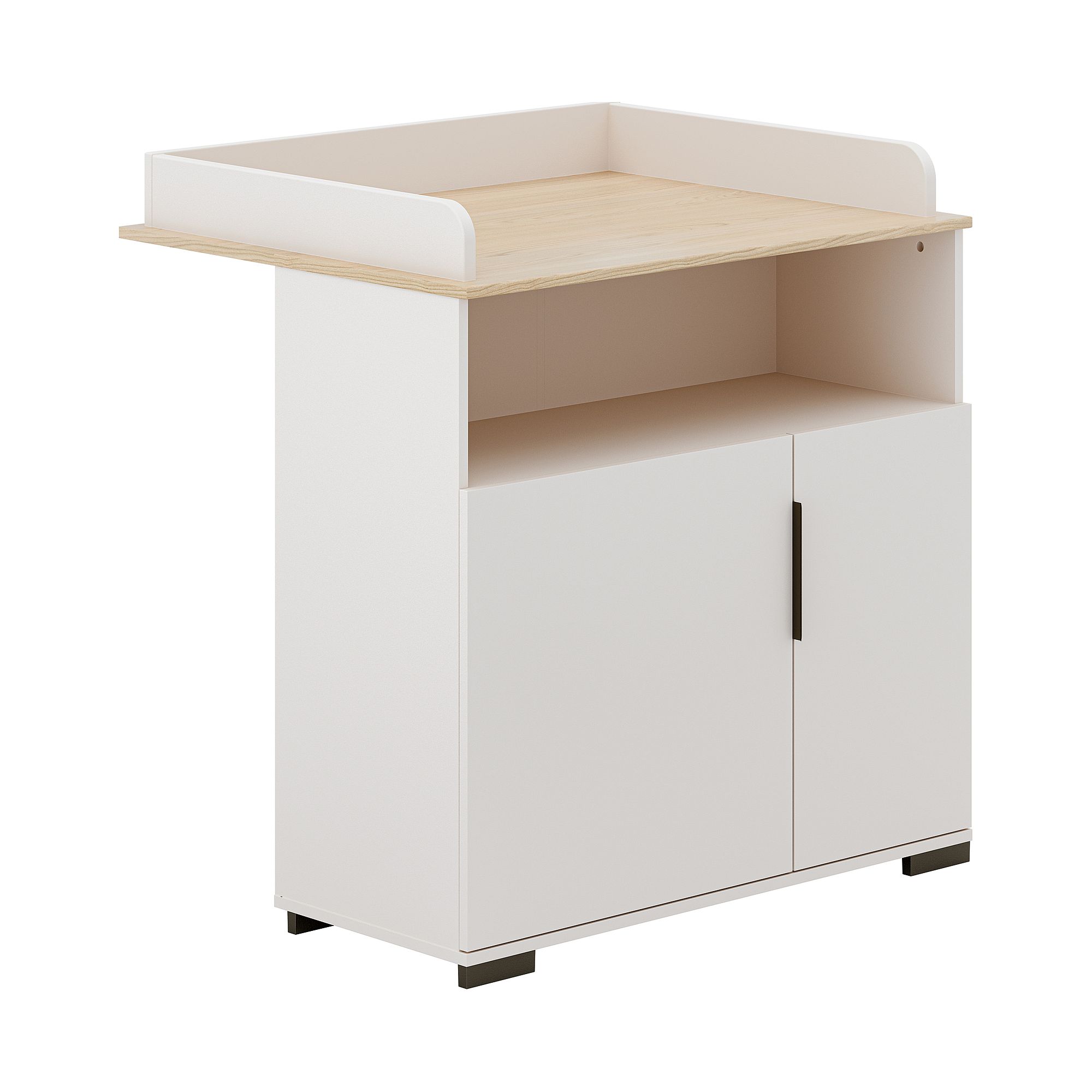 White changing table with wooden top, two cabinet doors, and open shelf.