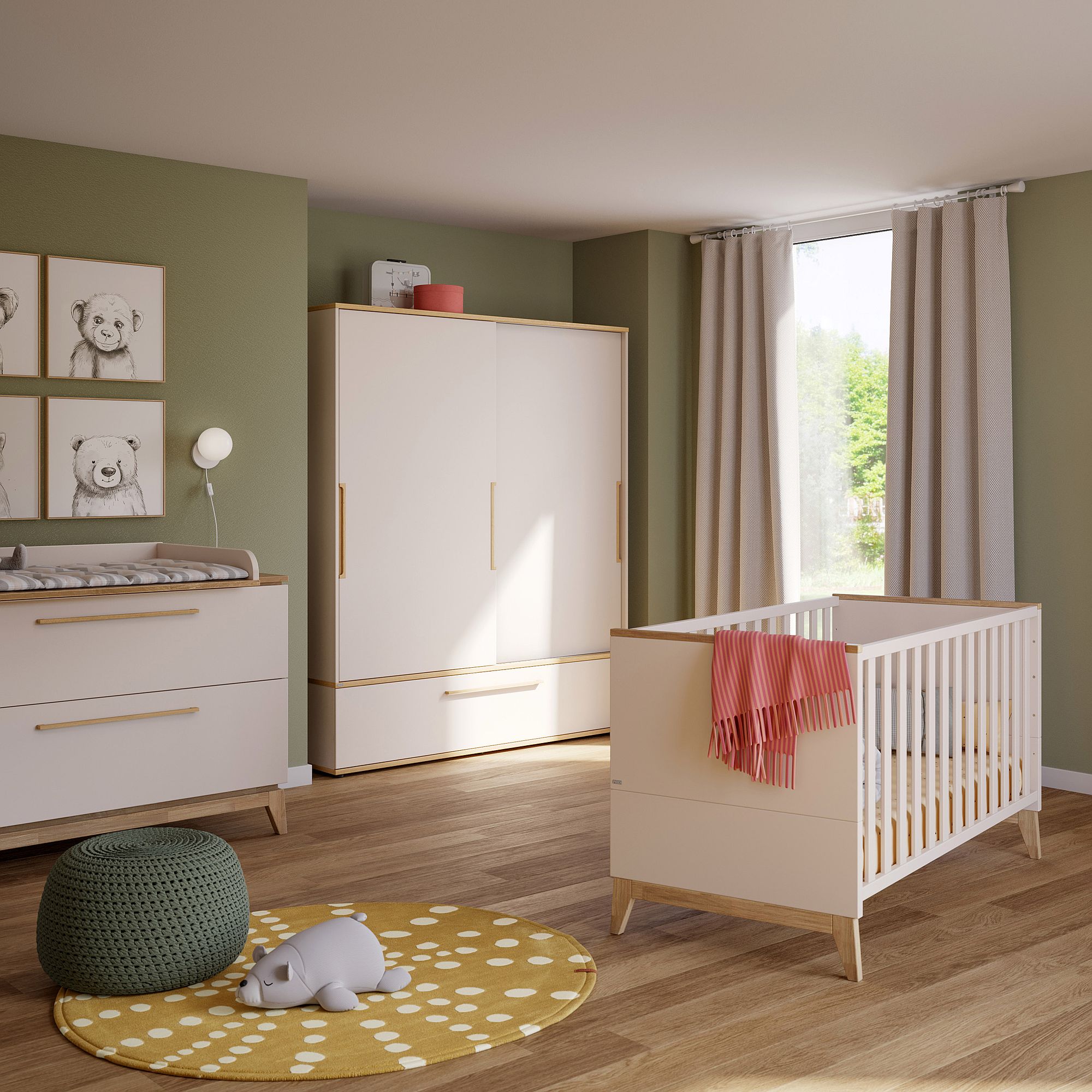 Modernes Kinderzimmer mit einem Kinderbett, einer Kommode, einem Kleiderschrank und Tiermotiven an der Wand.