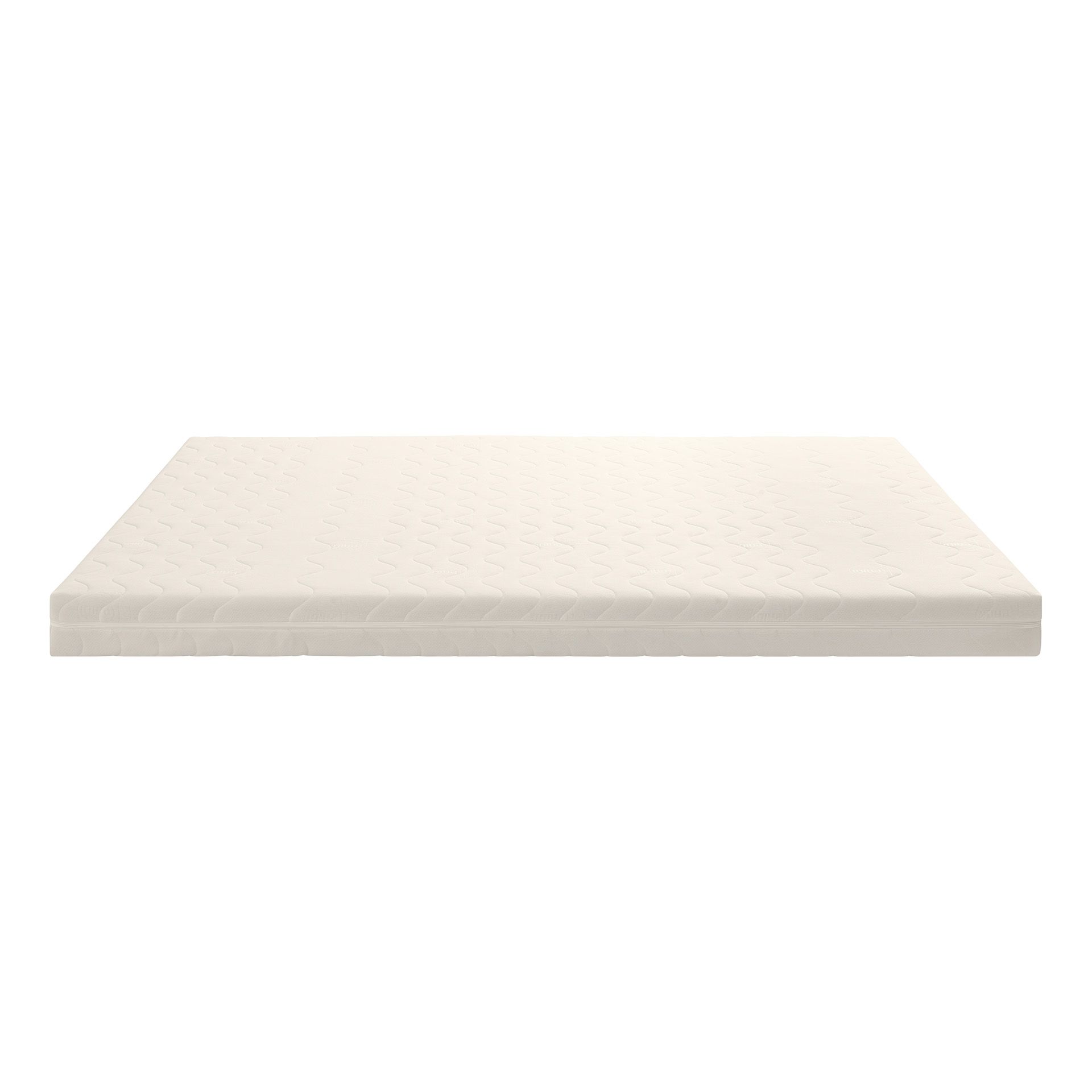 A plain white mattress with a subtle textured pattern, shown from the side.