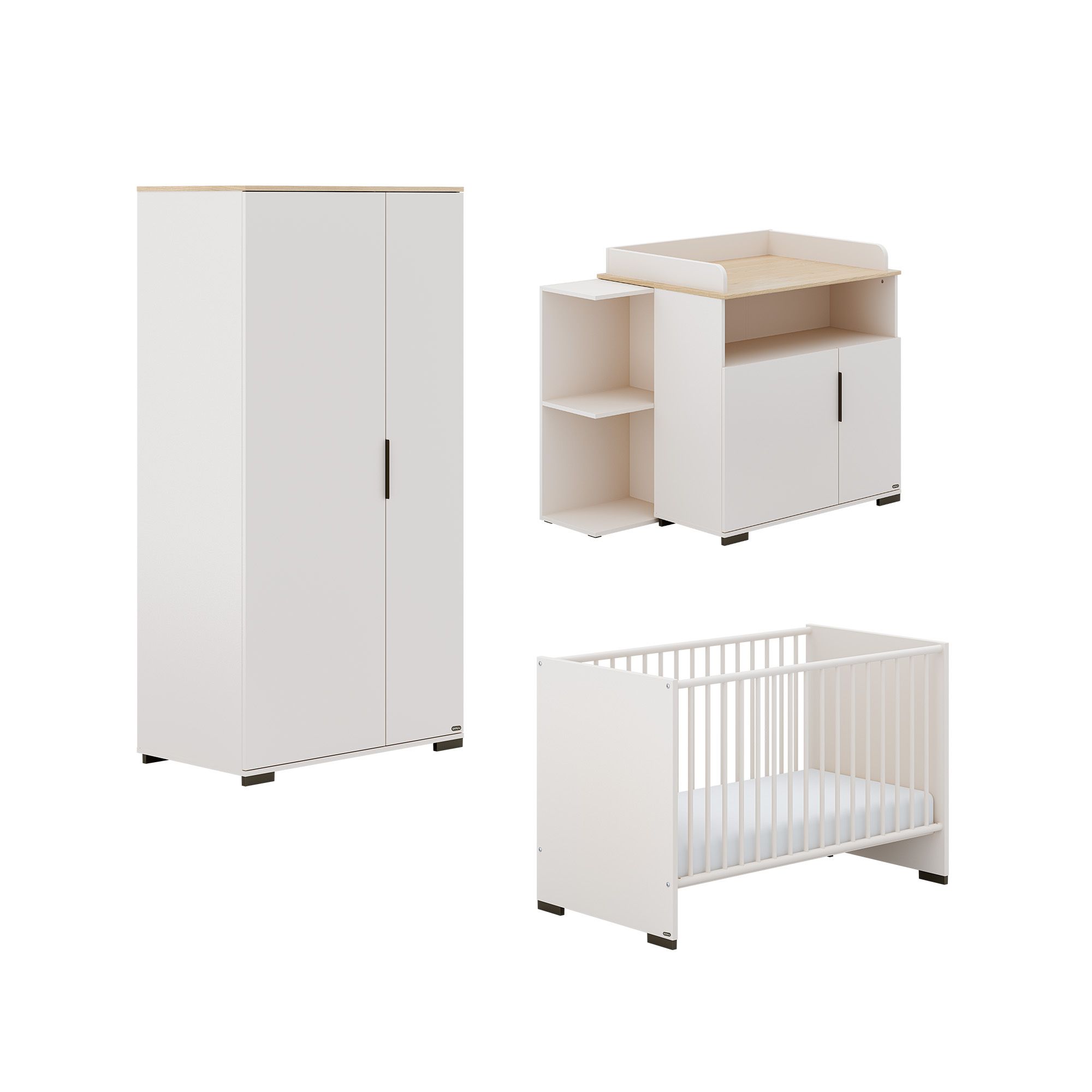 Weißes Kinderzimmermöbel-Set mit Kleiderschrank, Wickeltisch und Kinderbett.