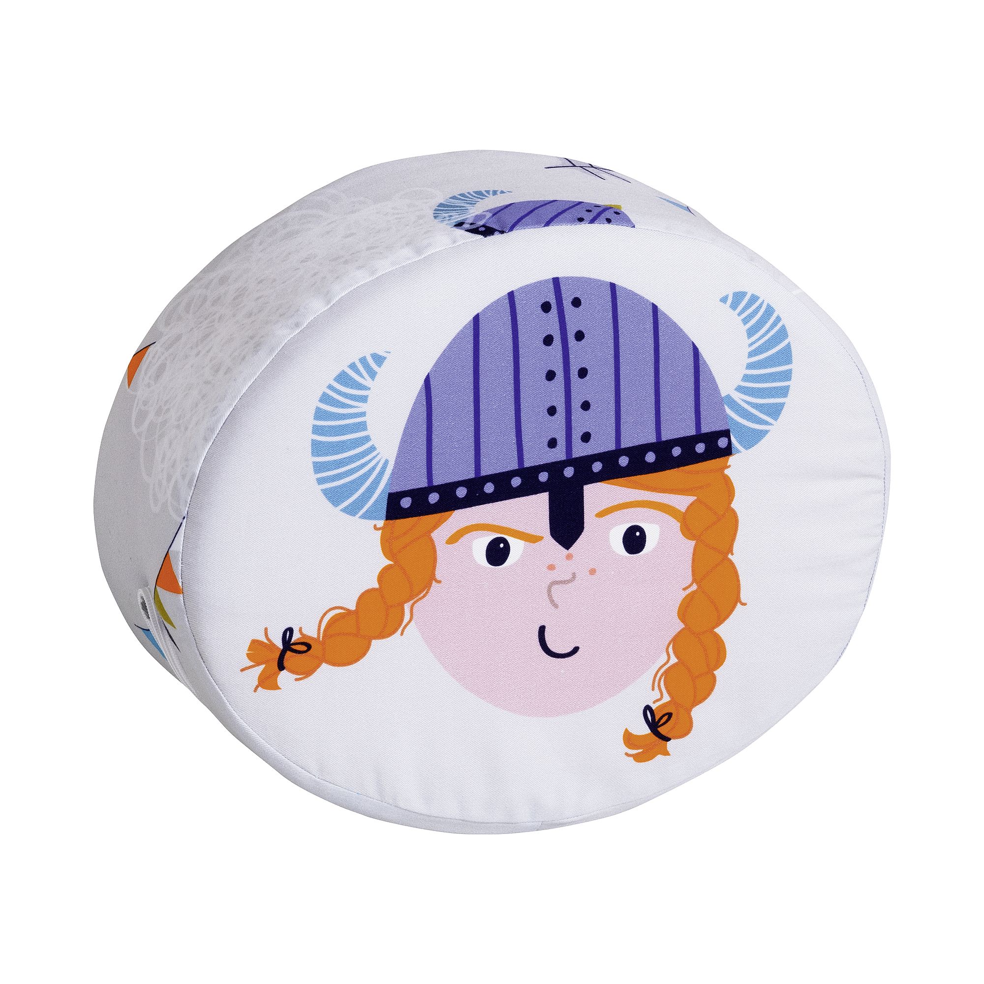 Steckkissen Baumwolle, Motiv "Wikinger", 35 x 28 x 12 cm, Wikinger-Mädchen Round pillow with a cartoon face wearing a Viking helmet and orange braids.