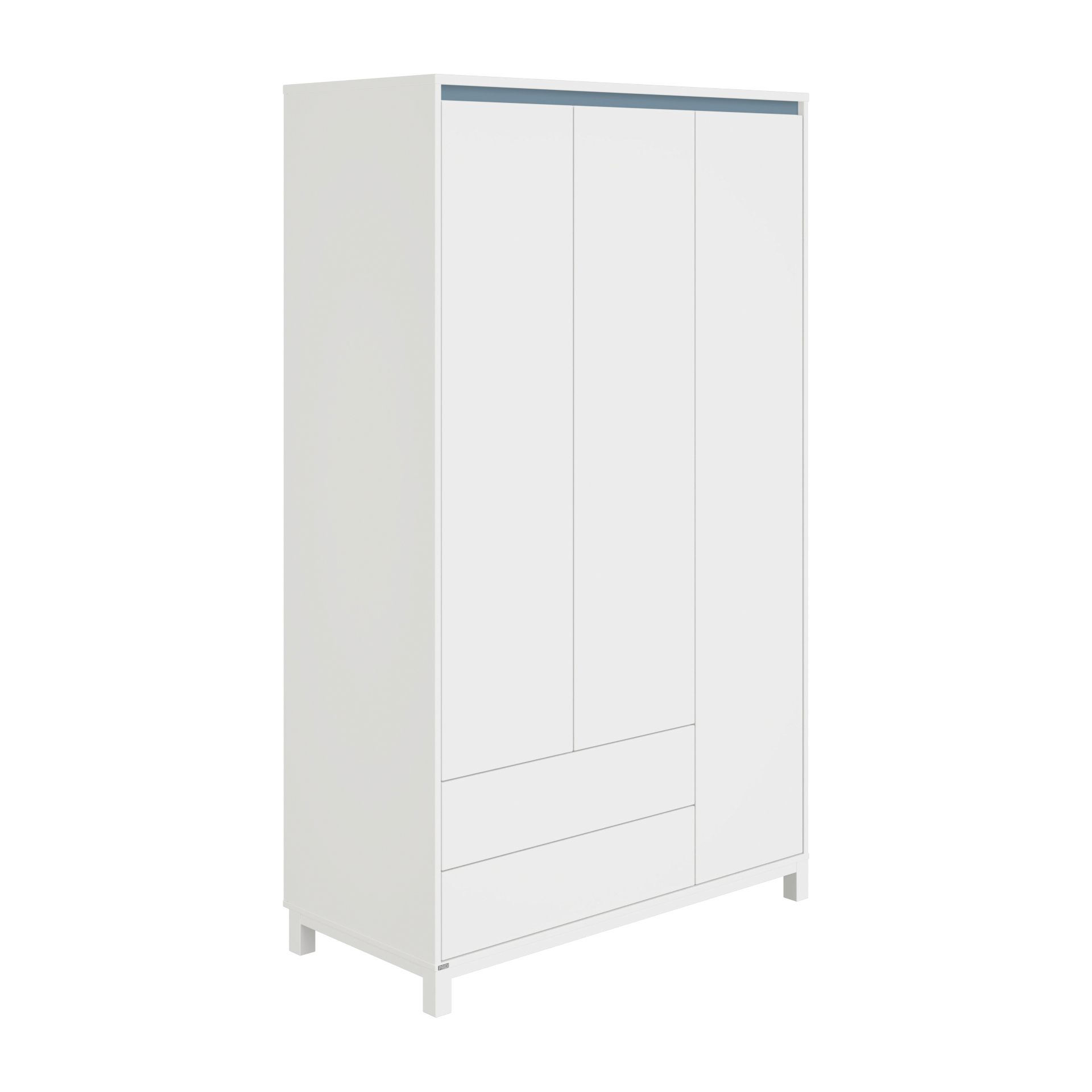 Weißer, moderner dreitüriger Kleiderschrank mit minimalistischem Design und dezentem blauen Akzent.