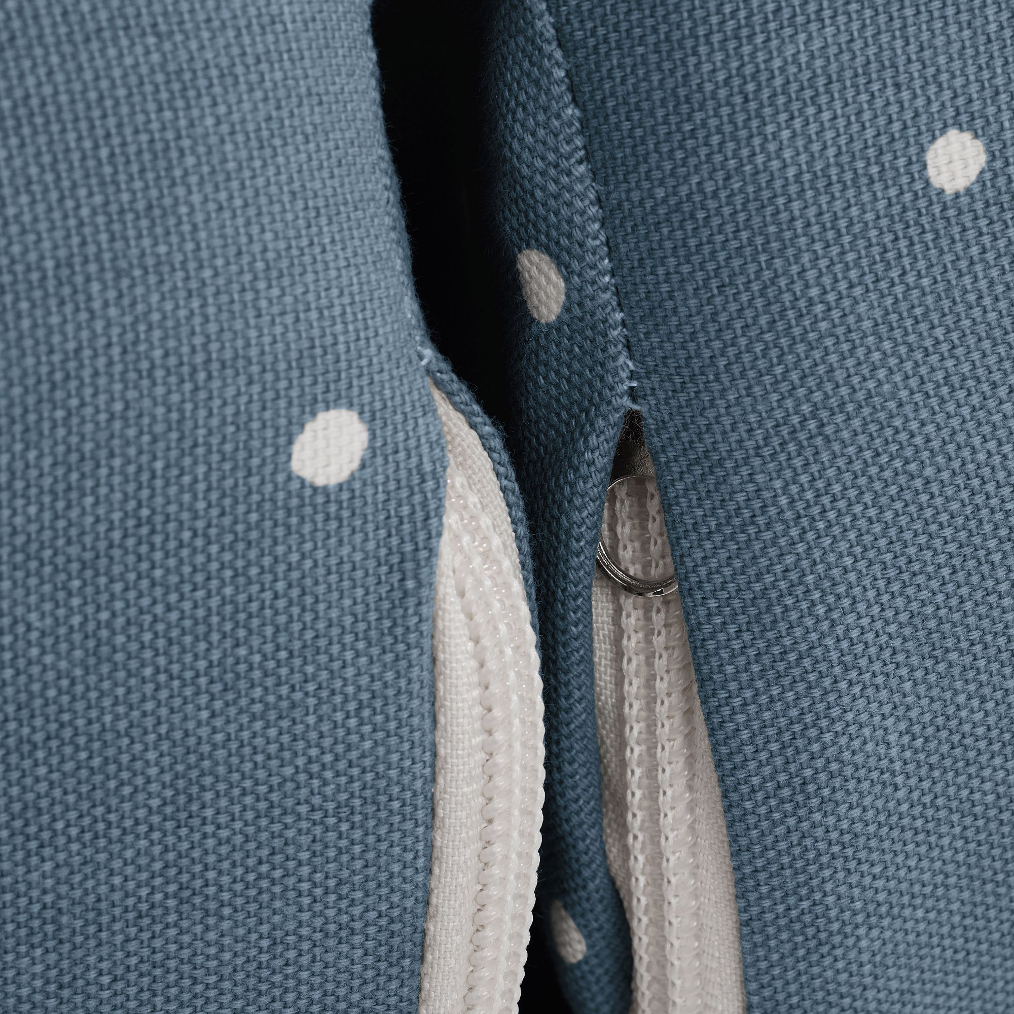 Nahaufnahme von blauem Stoff mit weißen Tupfen und einem teilweise geöffneten weißen Reißverschluss.