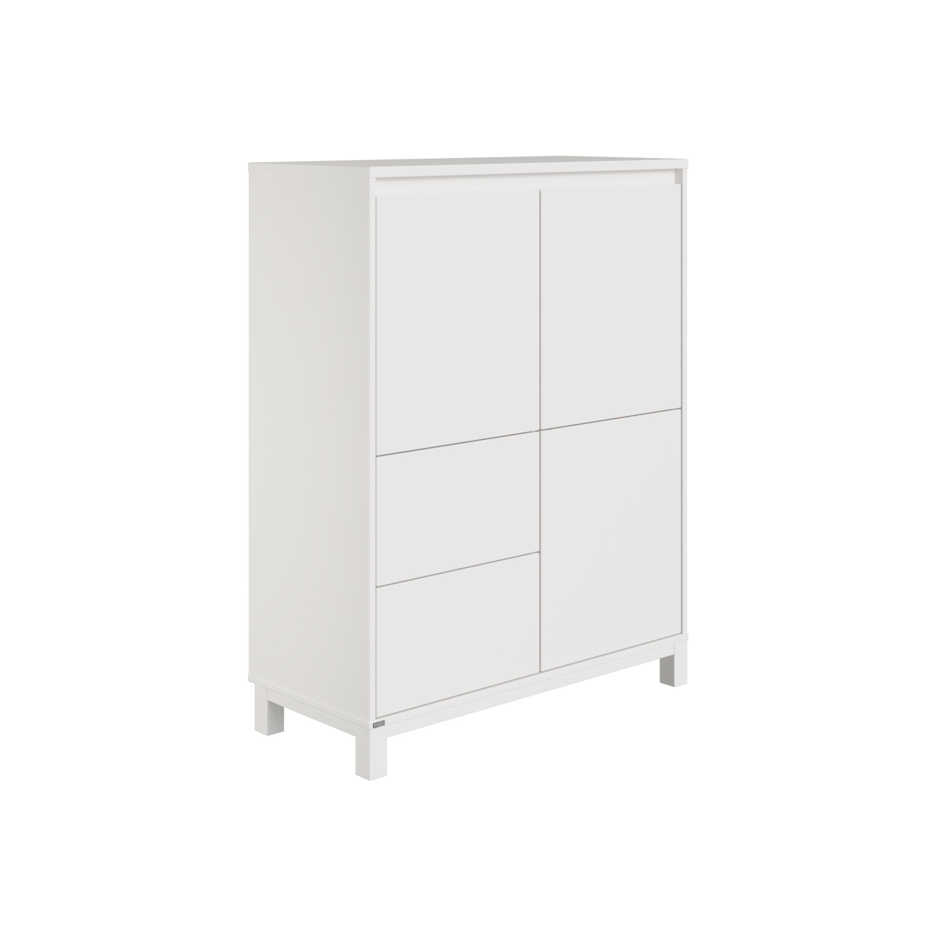 Weißer, moderner Schrank mit vier quadratischen Türen und minimalistischem Design.