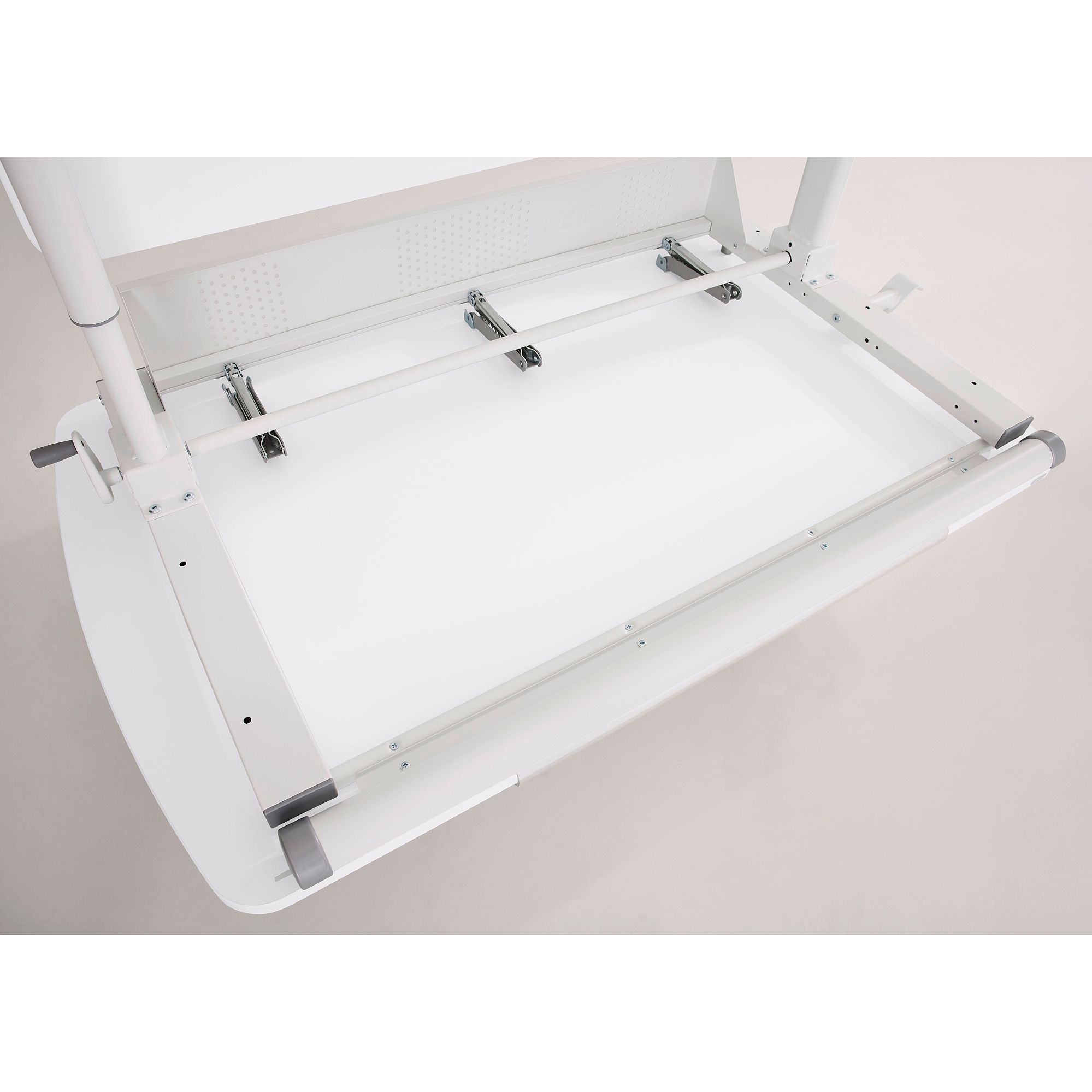 White adjustable metal frame mechanism attached underneath a table or desk surface.