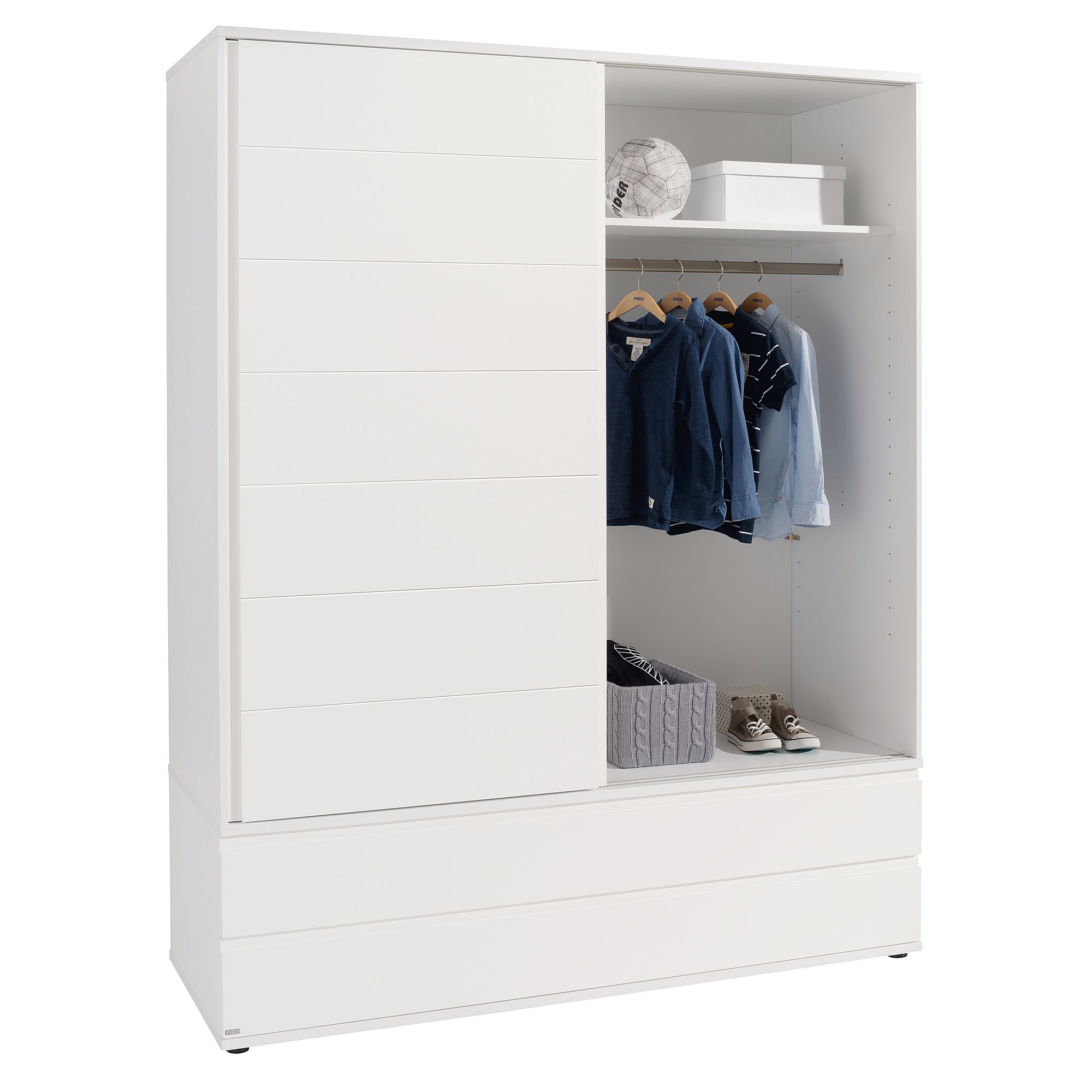 Weißer Kleiderschrank mit Schiebetüren, darin Hängekleidung, Schuhe und Aufbewahrungsboxen.