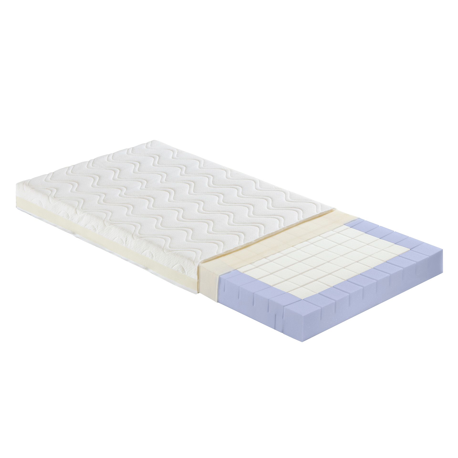 Foam mattress with a corner cut away to show inner layers and structure.