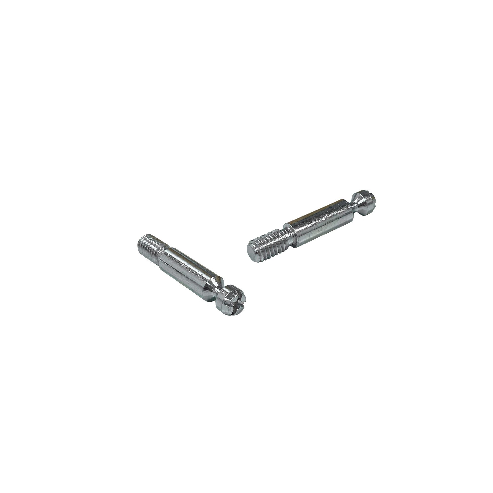 Zwei kleine Metallschrauben mit geschlitzten Köpfen auf weißem Hintergrund.