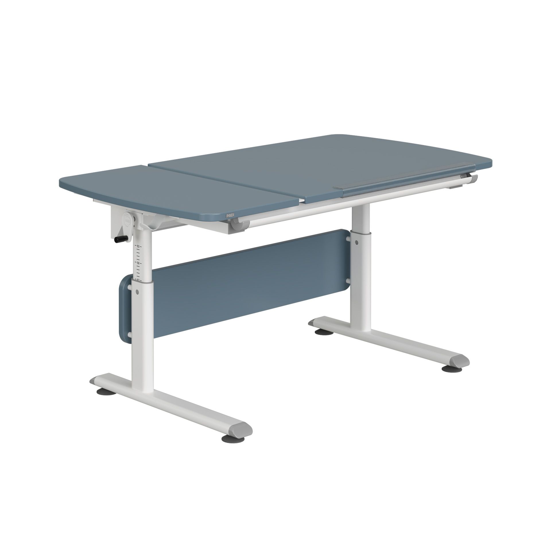 Schülerschreibtisch Diego GT Curved 130 x 70 cm, Mattblau Adjustable blue and white desk with tilting tabletop and metal legs.