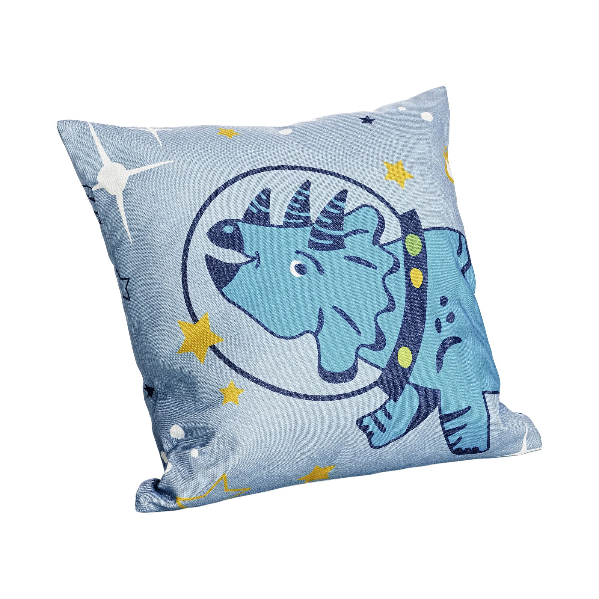 Partykissen Baumwolle, Motiv "Dinos im Weltall", 40 x 40 cm, Grüner Planet Blue pillow with a cartoon triceratops in a space helmet among stars.