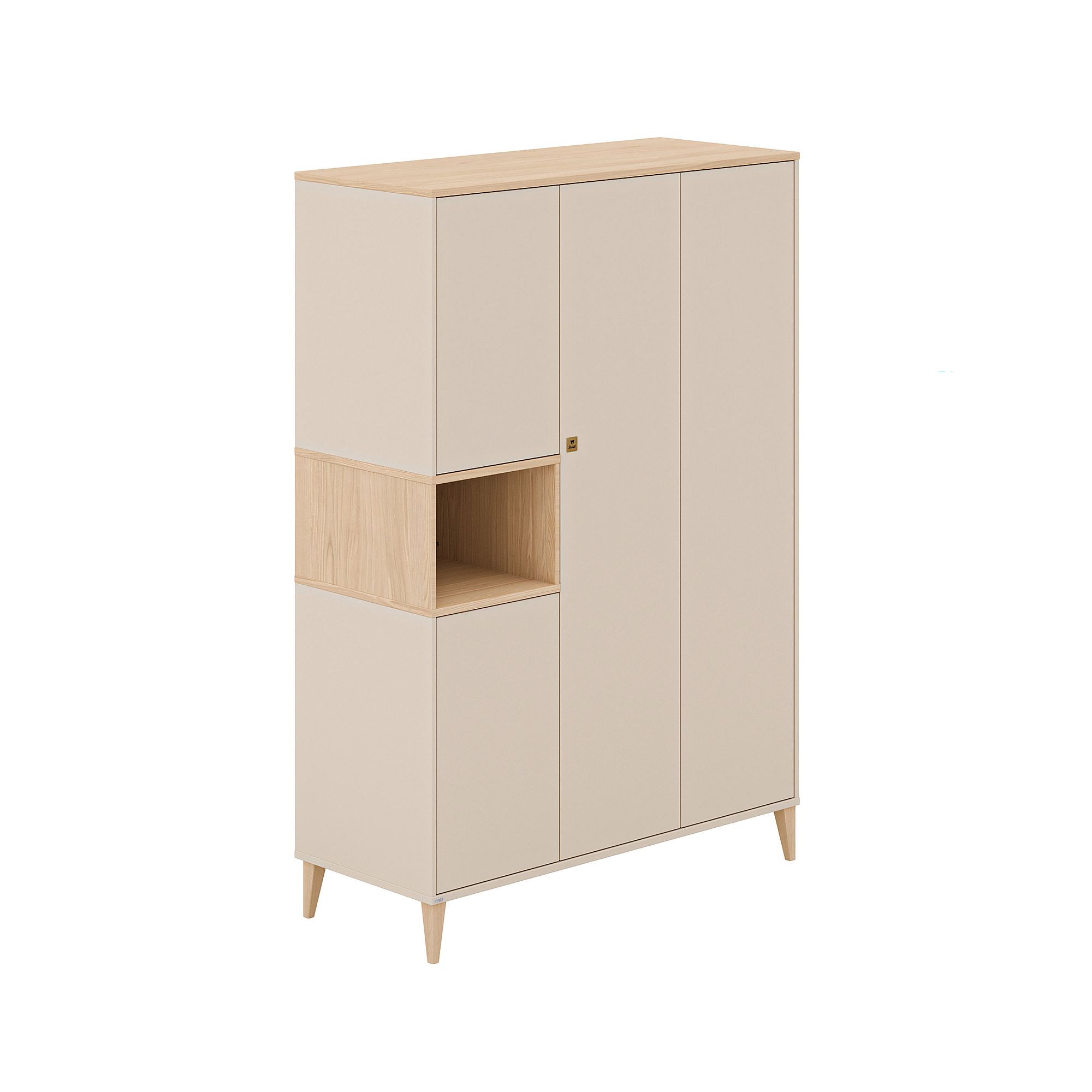 Beiger Schrank mit Holzakzenten, offenem Regal und vier sich verjüngenden Beinen.