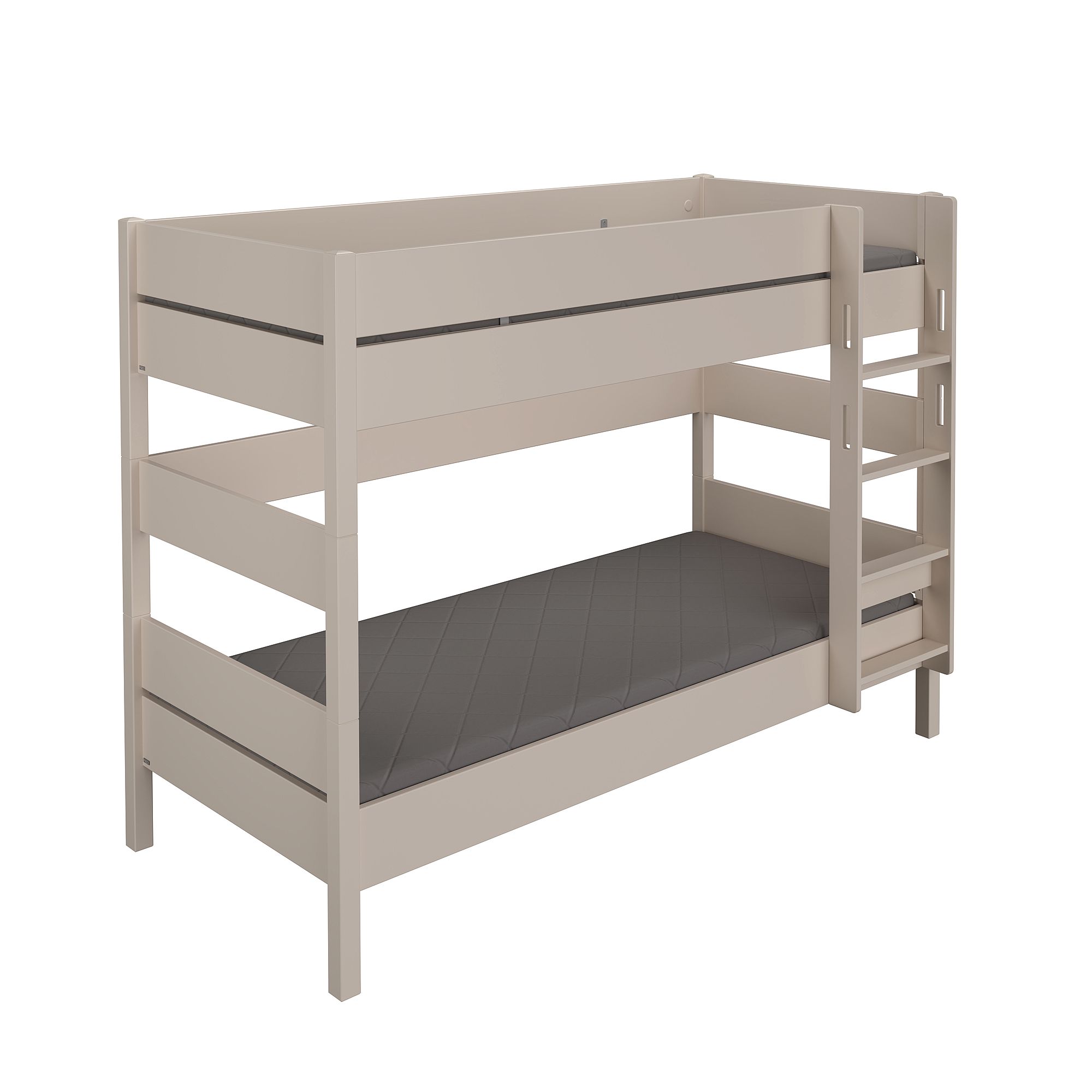 Beiges Etagenbett aus Holz mit integrierter Leiter und grauen Matratzen.