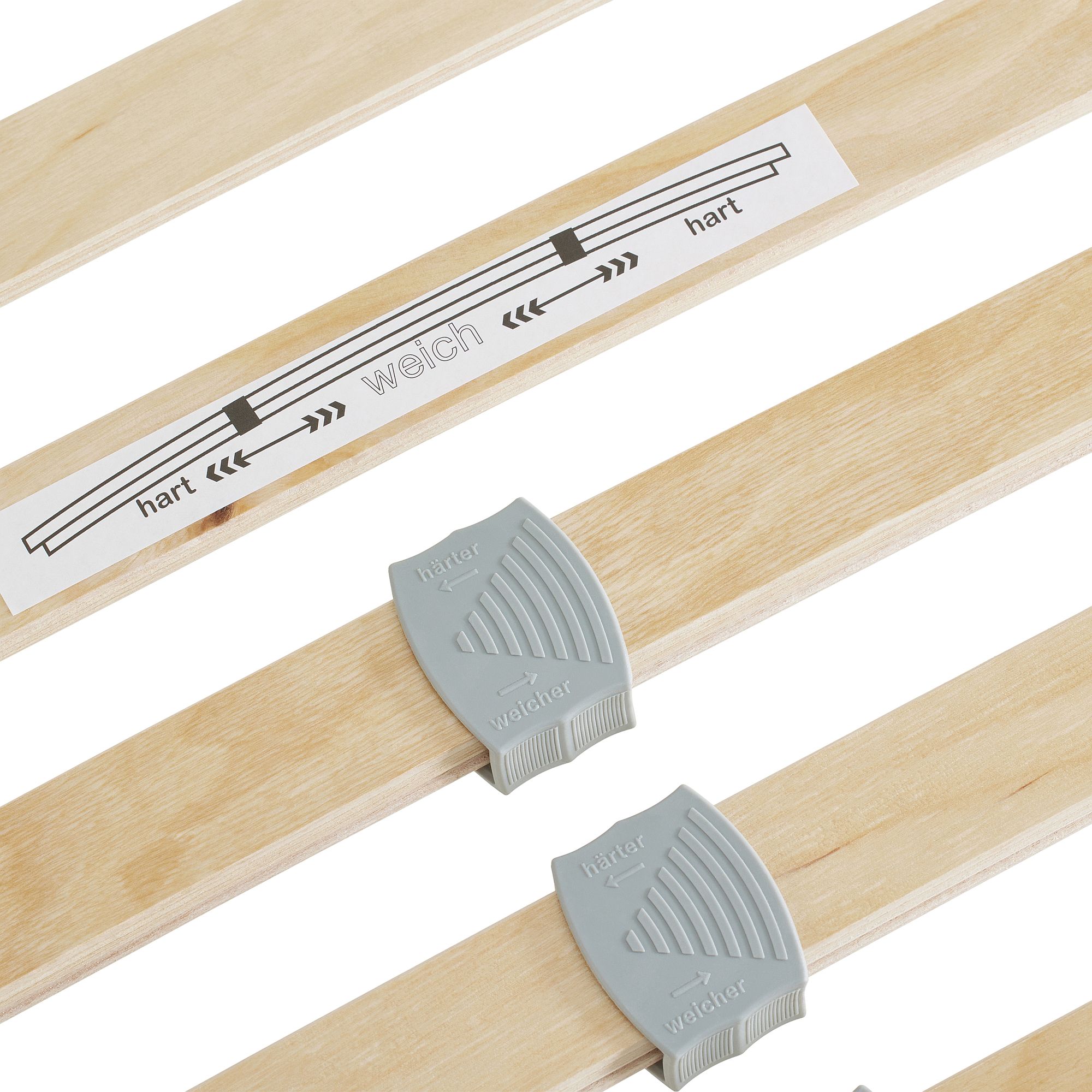 Lattenrost  Comfort mit Härteverstellung in 120 x 200 cm Holzlattenroste mit verstellbaren Härtegradgleitern mit der Bezeichnung hart und weich.