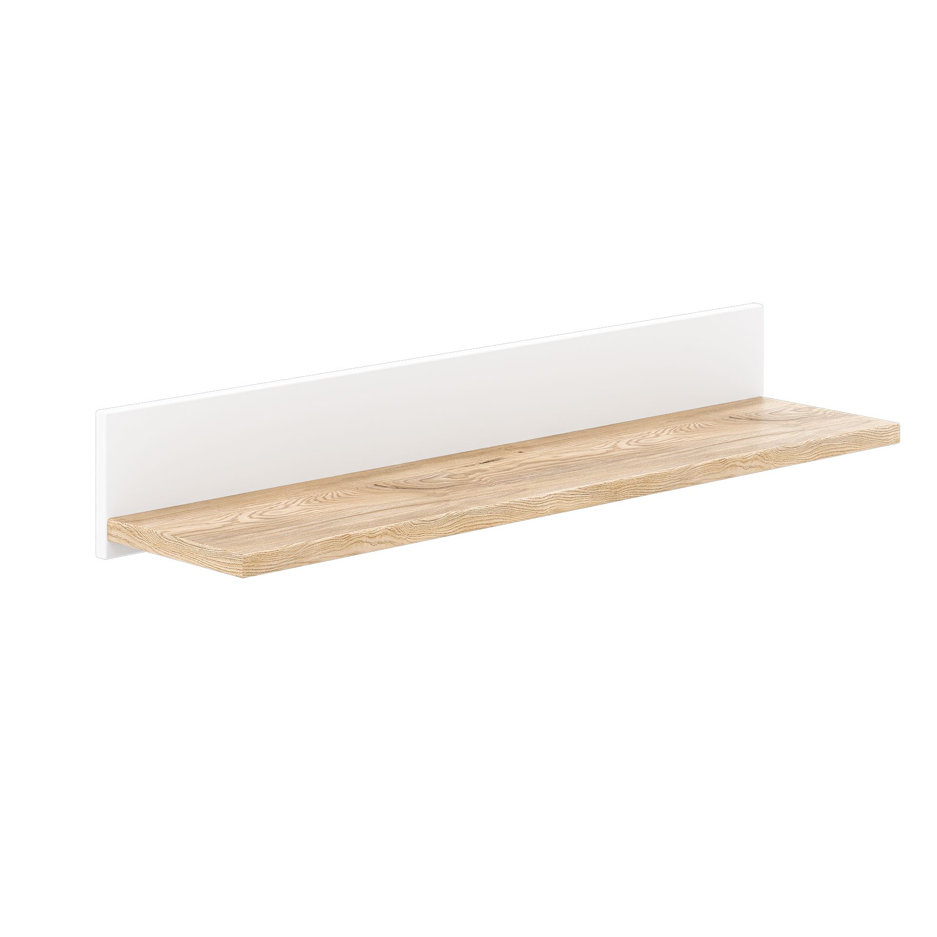 Wandregal Yolanda mit 1 Boden Ein schwebendes Holzregal mit einer weißen Rückwand vor weißem Hintergrund.