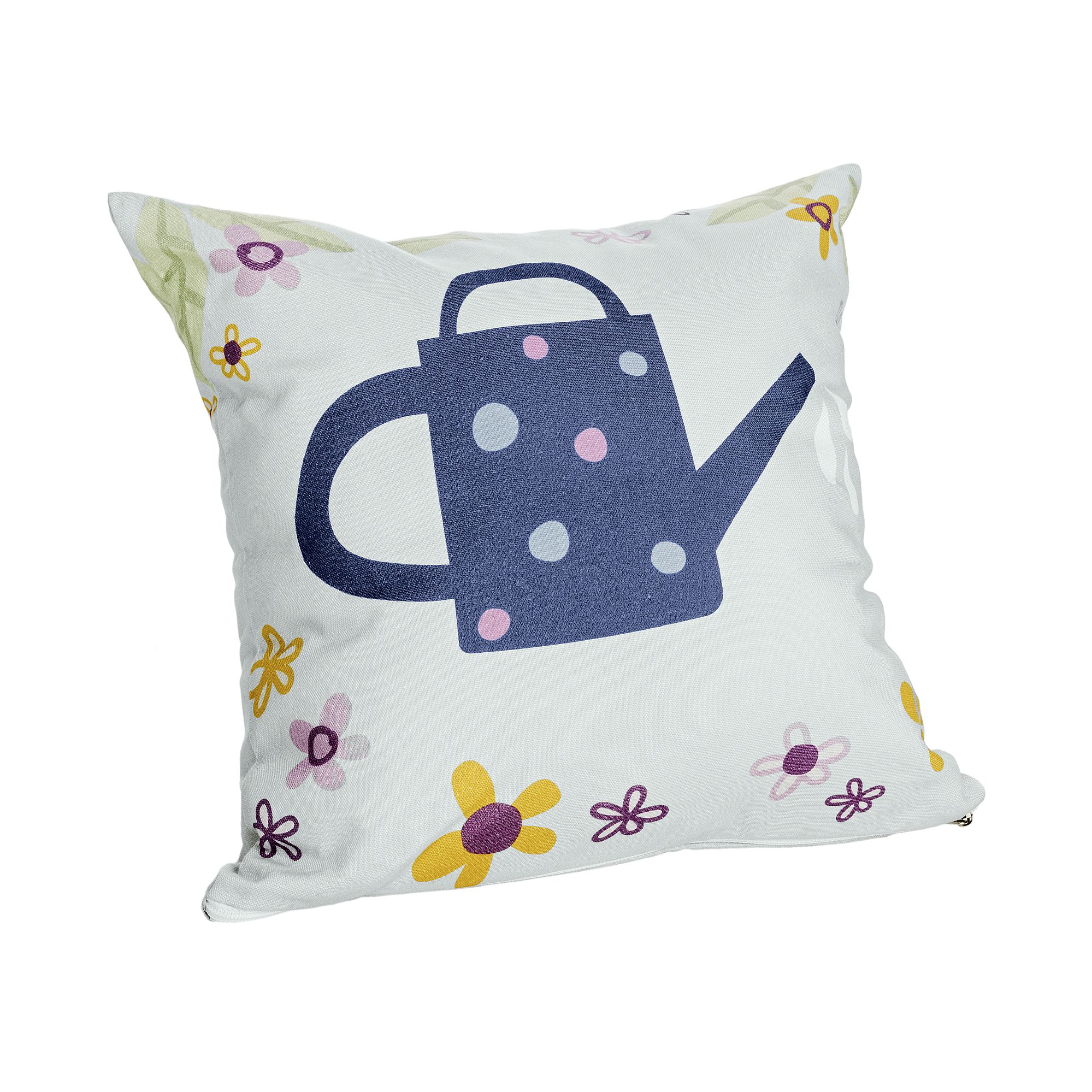 Partykissen Baumwolle, Motiv "Petersilienweg 8", 40 x 40 cm, Katze Minzie White pillow with a blue watering can and colorful flower illustrations.