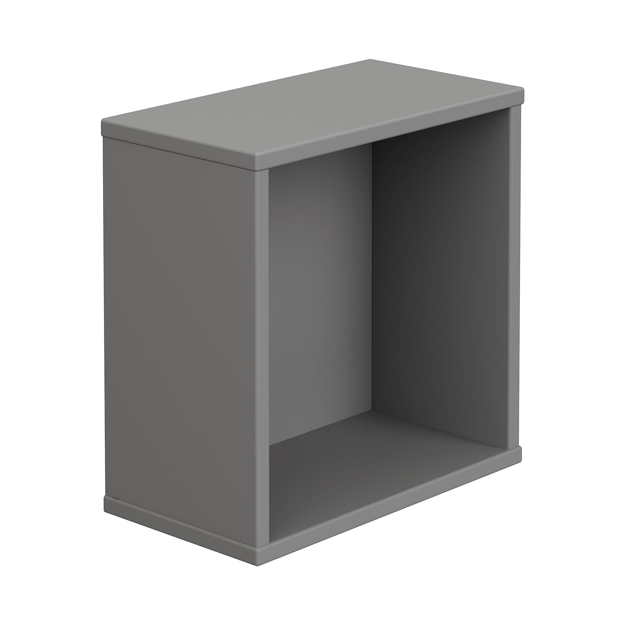 Gray open rectangular shelf unit with no back panel, shown on a white background.