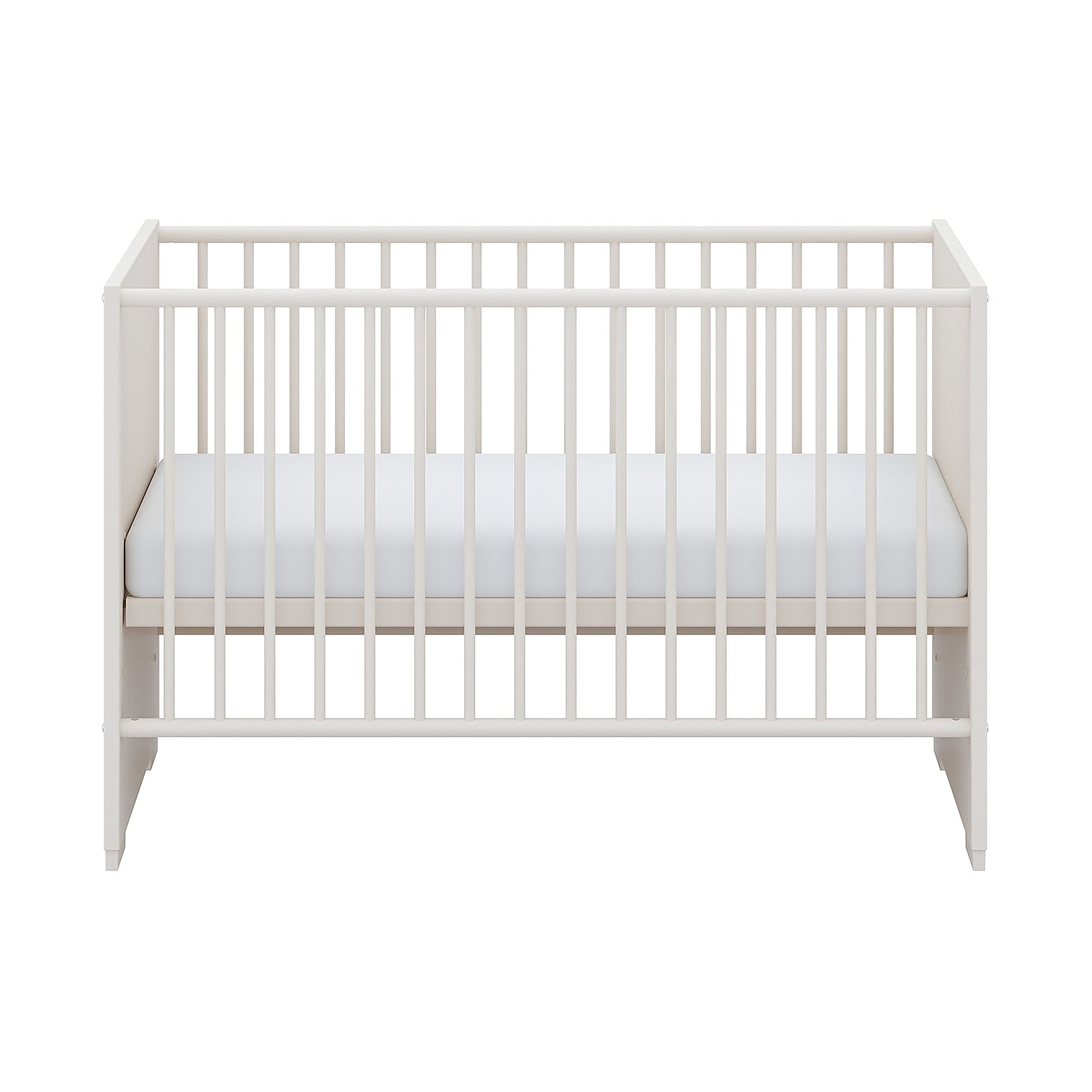 White wooden baby crib with a mattress, viewed from the front against a white background.