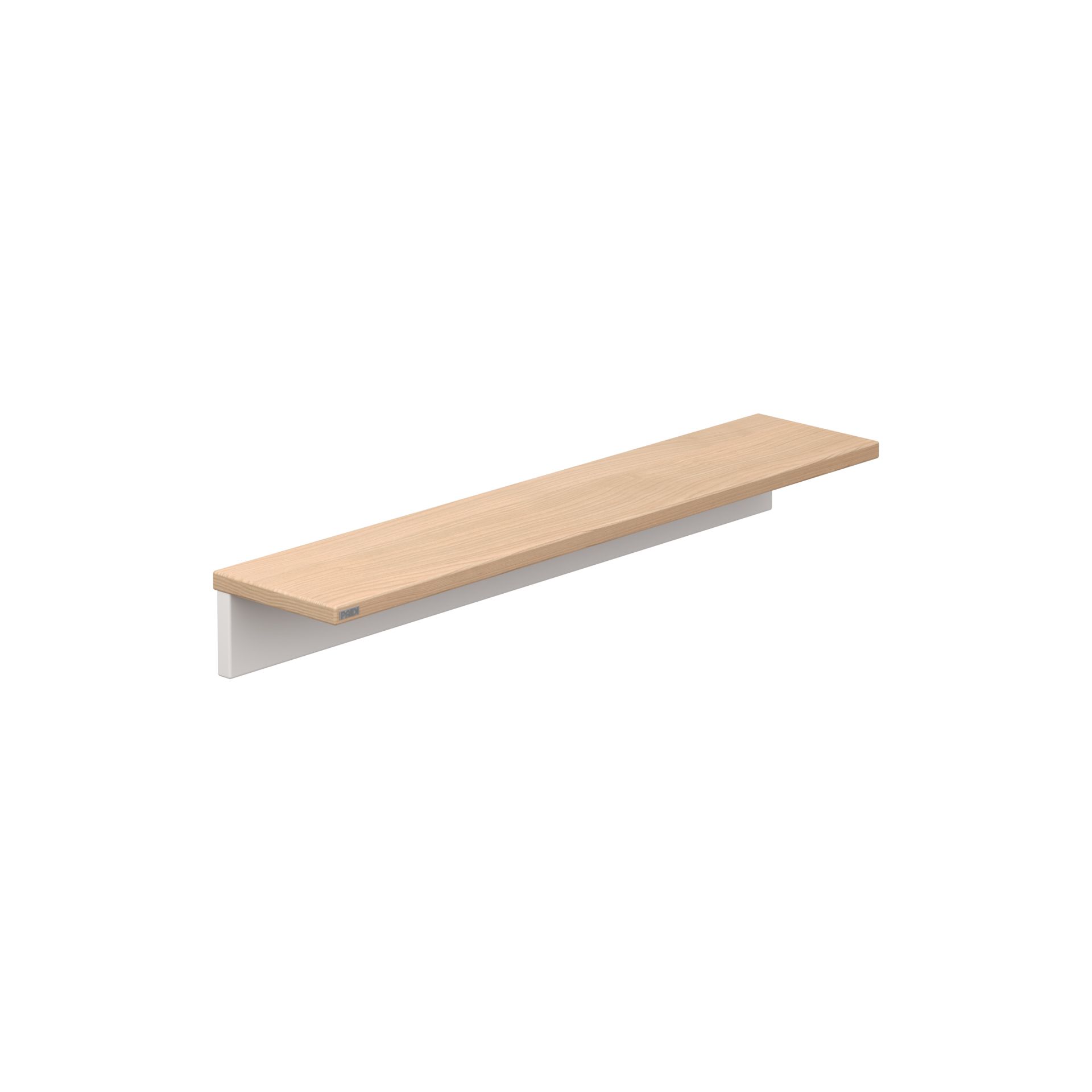 A minimalist floating wall shelf with a light wood top and a white underside, mounted against a plain white background.