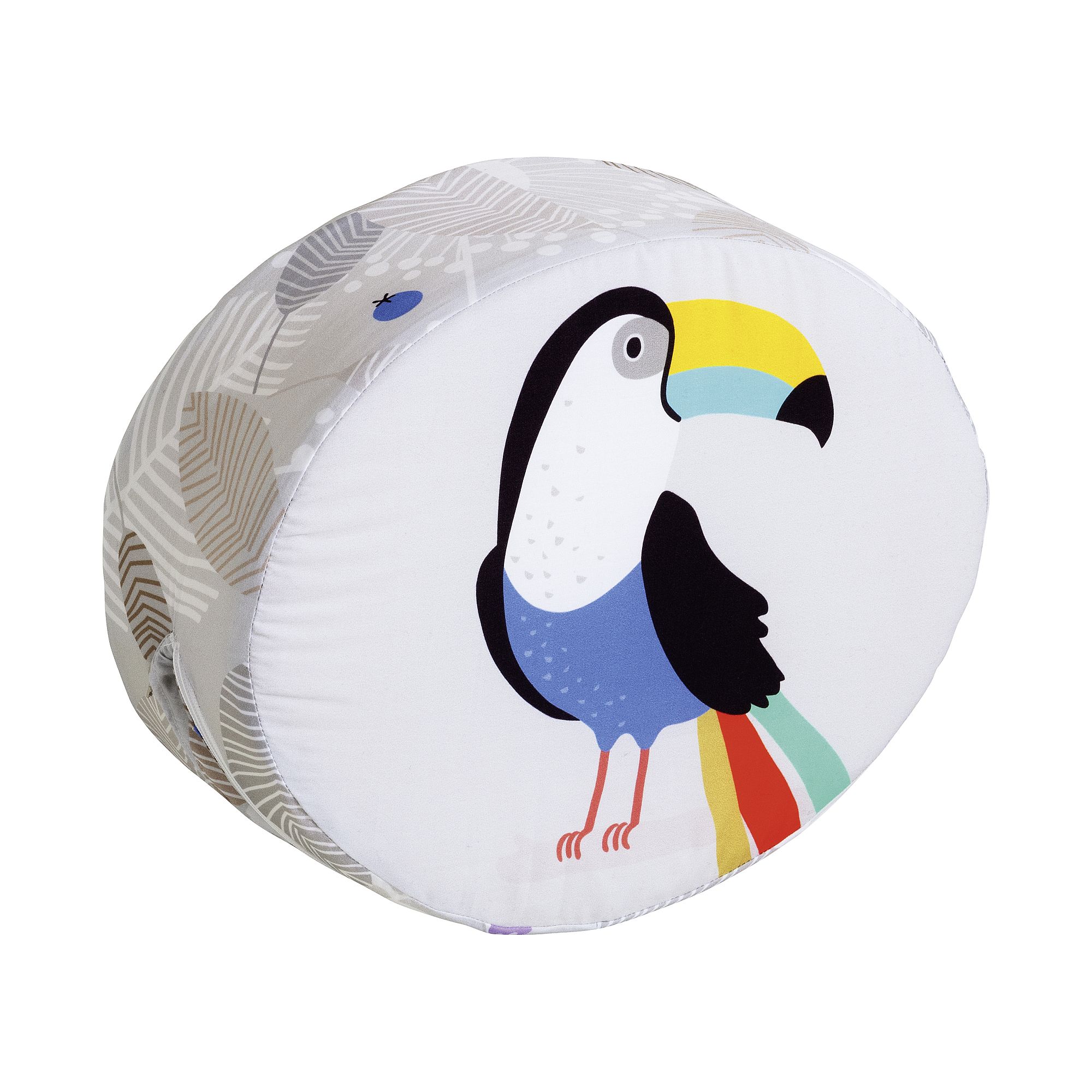 Steckkissen Baumwolle, Motiv "Afrika", 35 x 28 x 12 cm, Faultier Round cushion with a colorful toucan illustration on a white background.