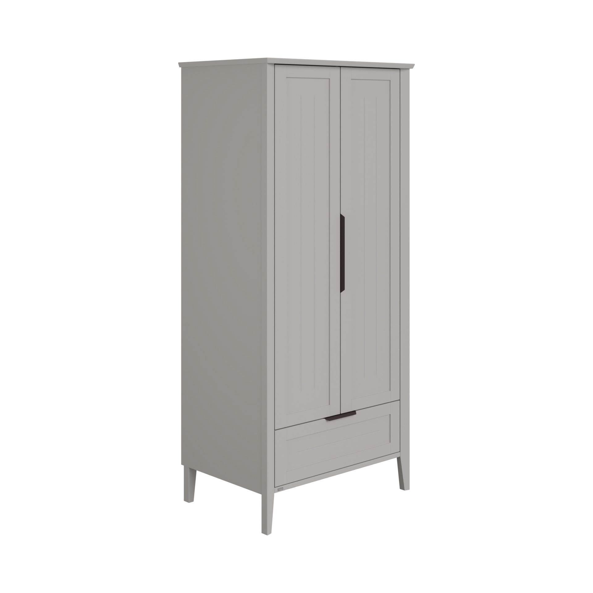 Gray wardrobe with two doors and a lower drawer, shown on a white background.