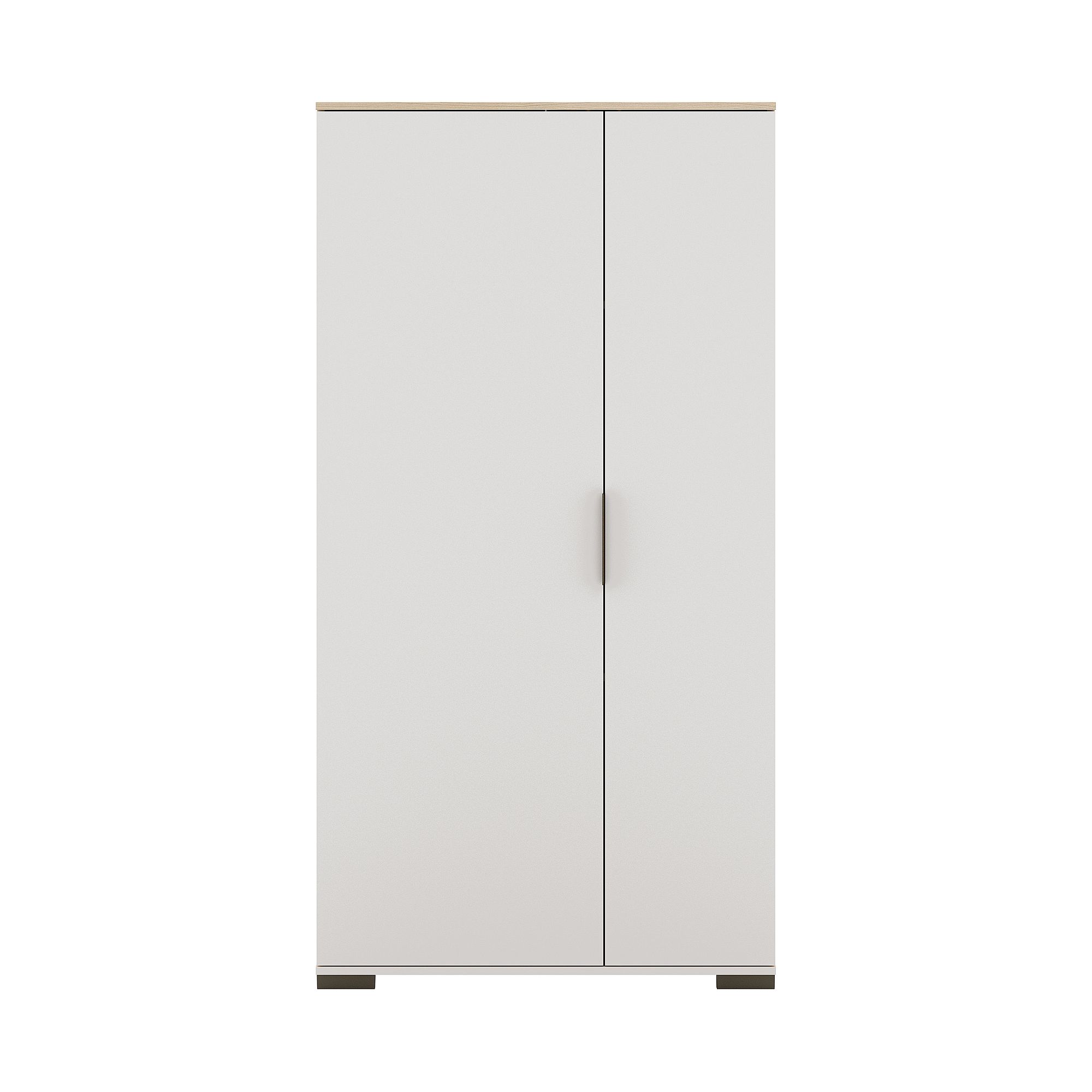 White two-door wardrobe with simple handles, viewed from the front.
