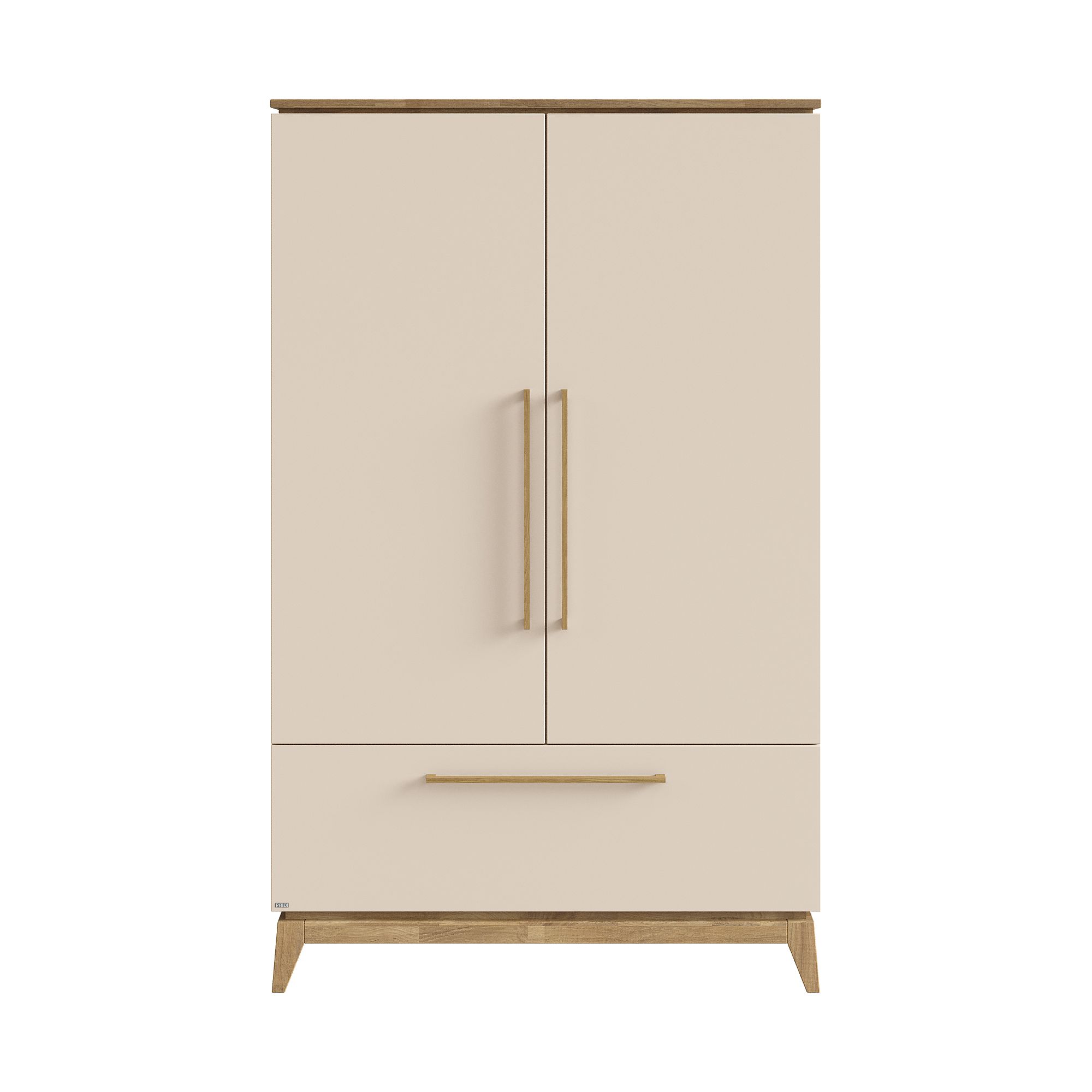 Beiger Kleiderschrank aus Holz mit zwei Türen und einer Schublade unten, auf kurzen Beinen.